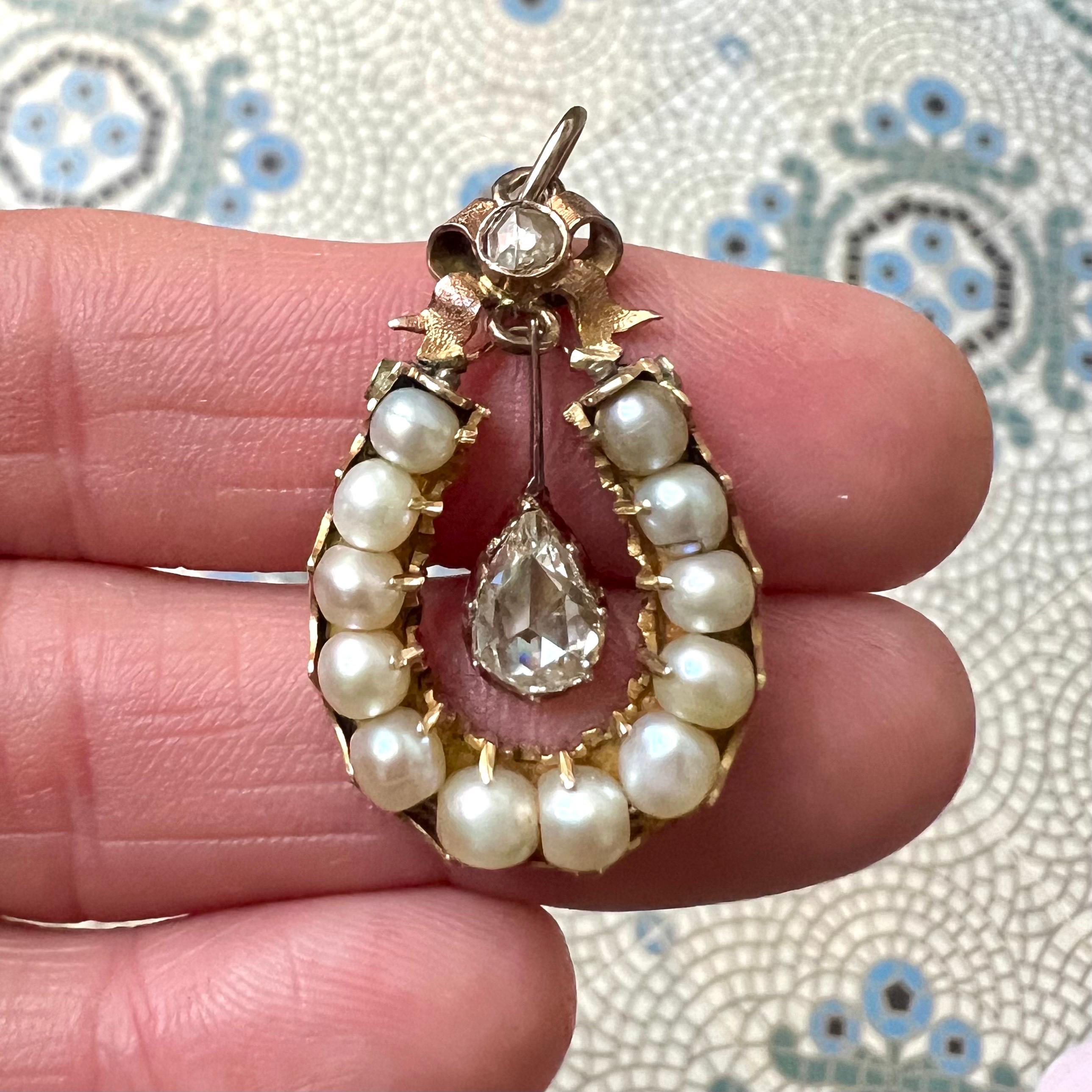 Victorian Antique 9K Gold Horseshoe Pendant with Pearls and Diamonds For Sale