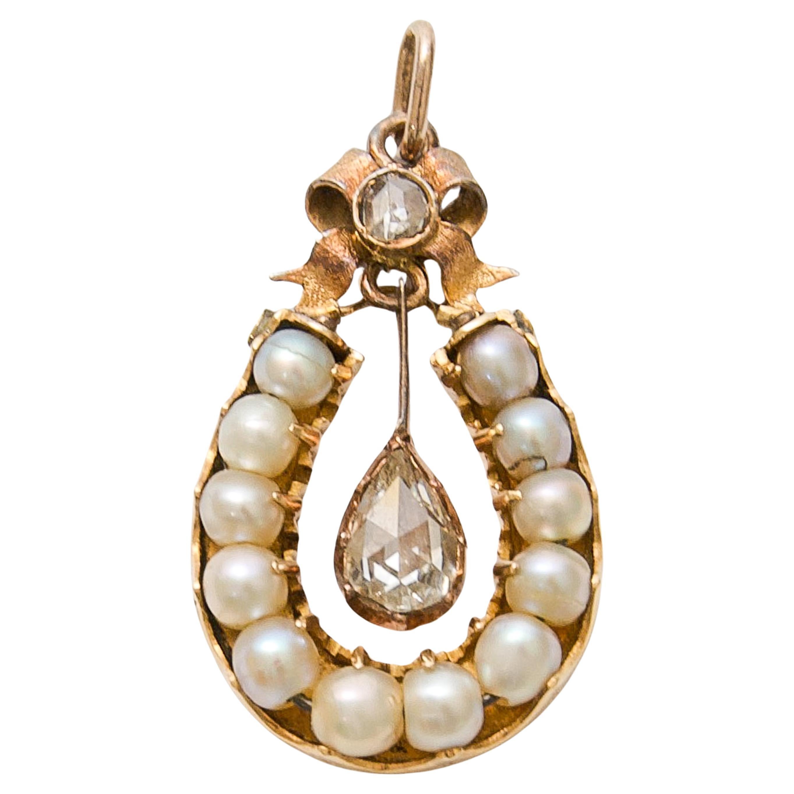 Antique 9K Gold Horseshoe Pendant with Pearls and Diamonds For Sale
