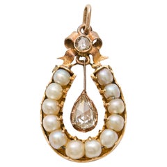 Used 9K Gold Horseshoe Pendant with Pearls and Diamonds