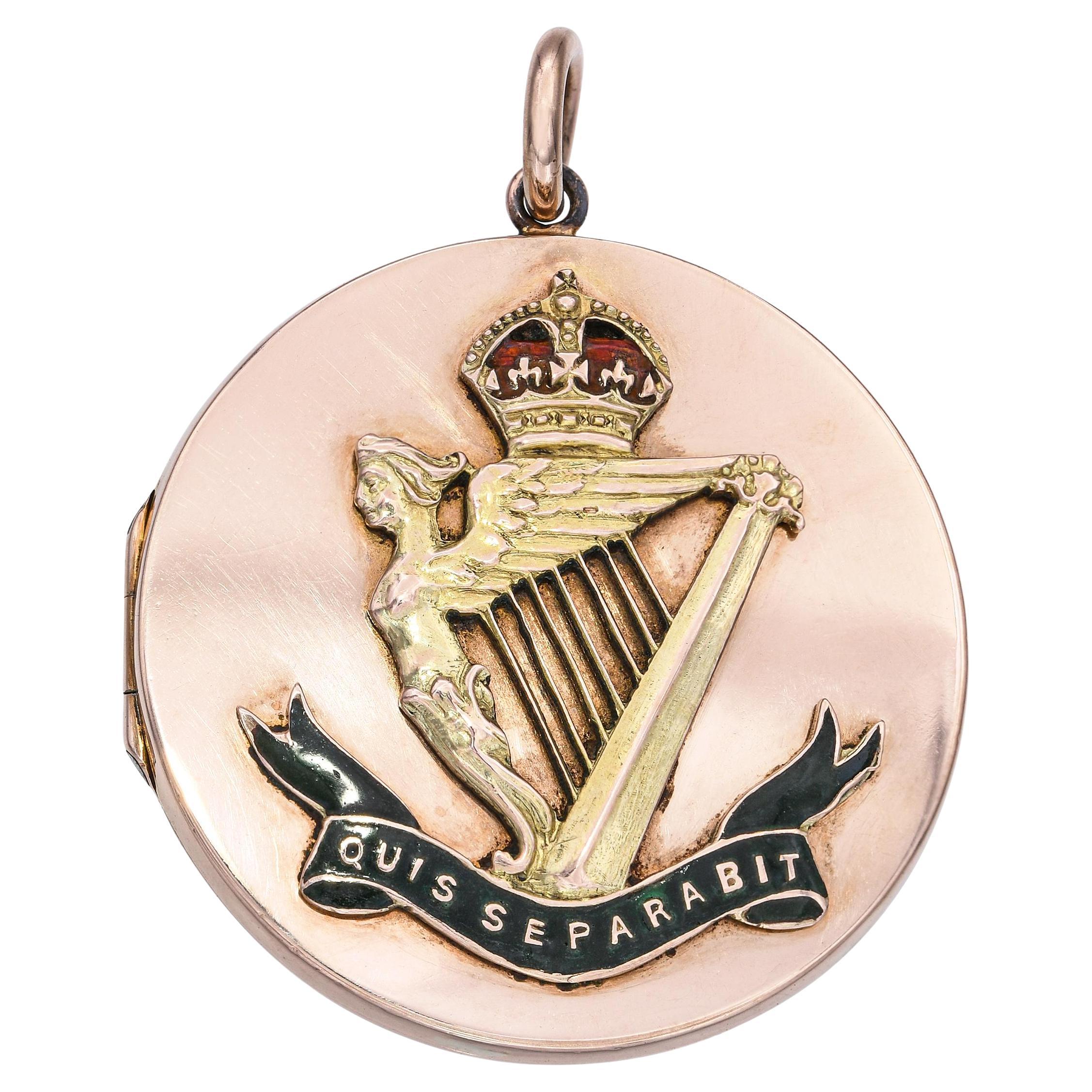 Antique 9k Gold Irish Harp Enamel Quis Separabit Crest Locket Pendant For Sale