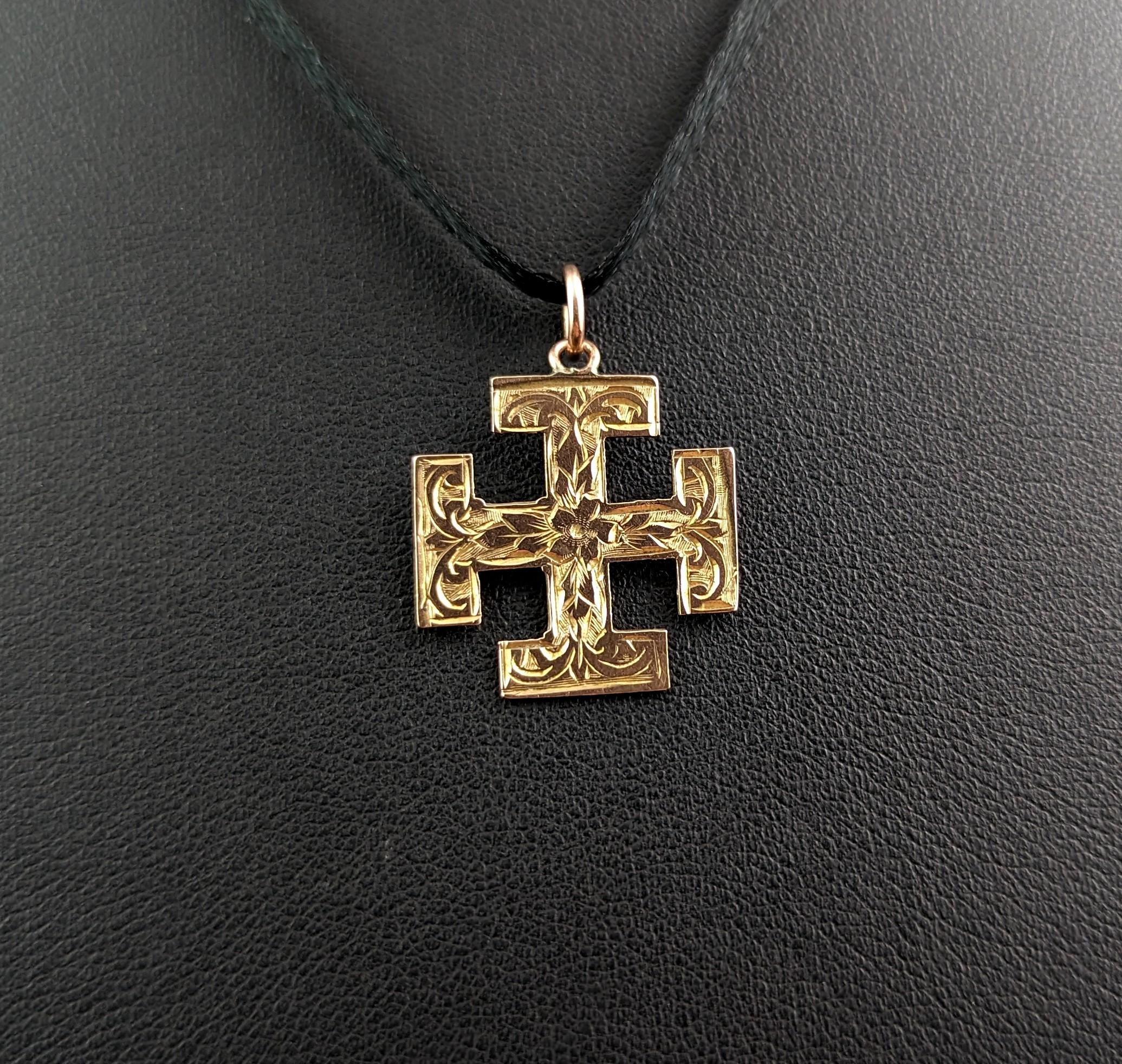 Antique 9k Gold Jerusalem Cross Pendant, Engraved 4