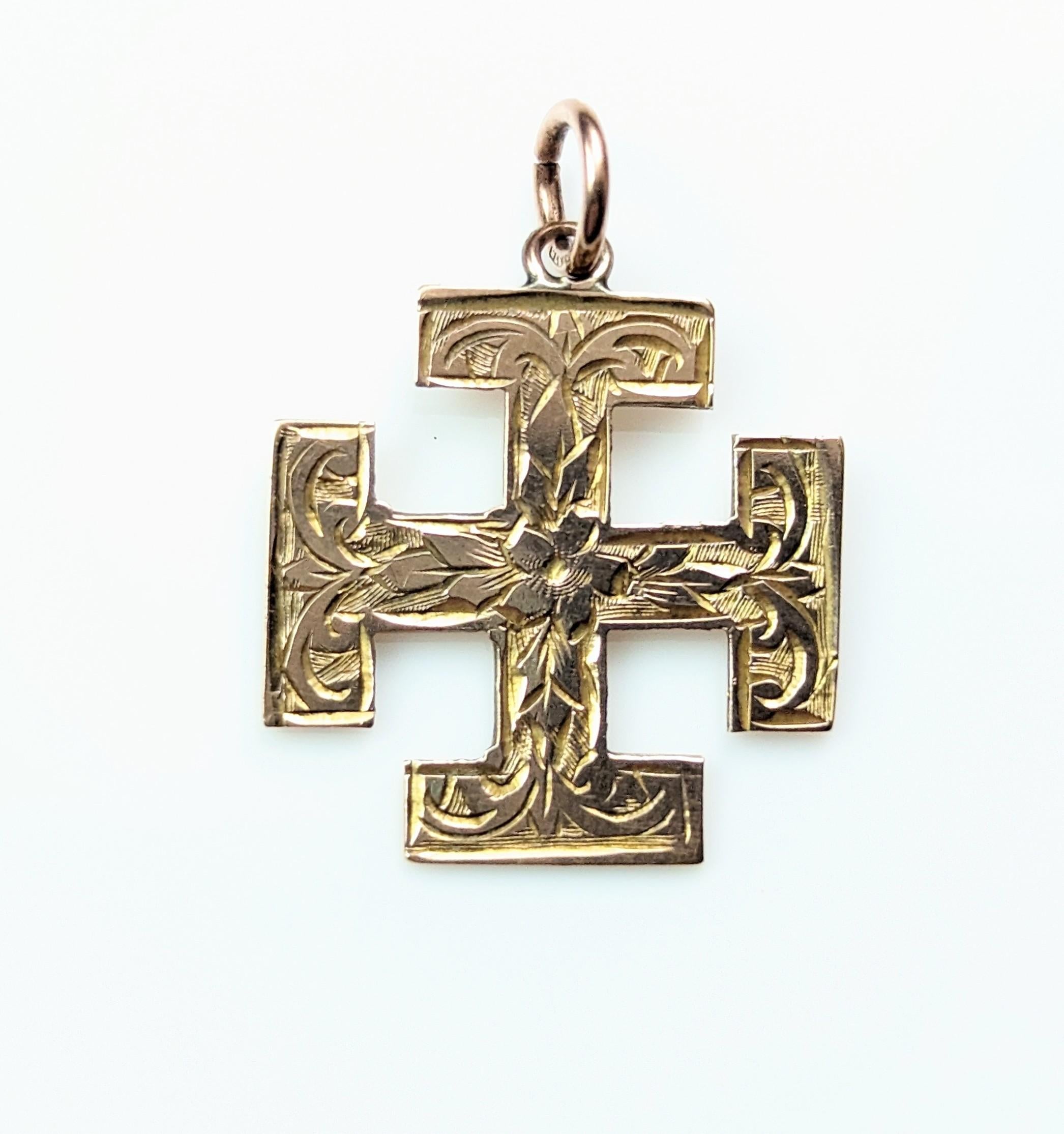 Antique 9k Gold Jerusalem Cross Pendant, Engraved 8