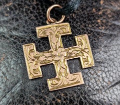 Antique 9k Gold Jerusalem Cross Pendant, Engraved
