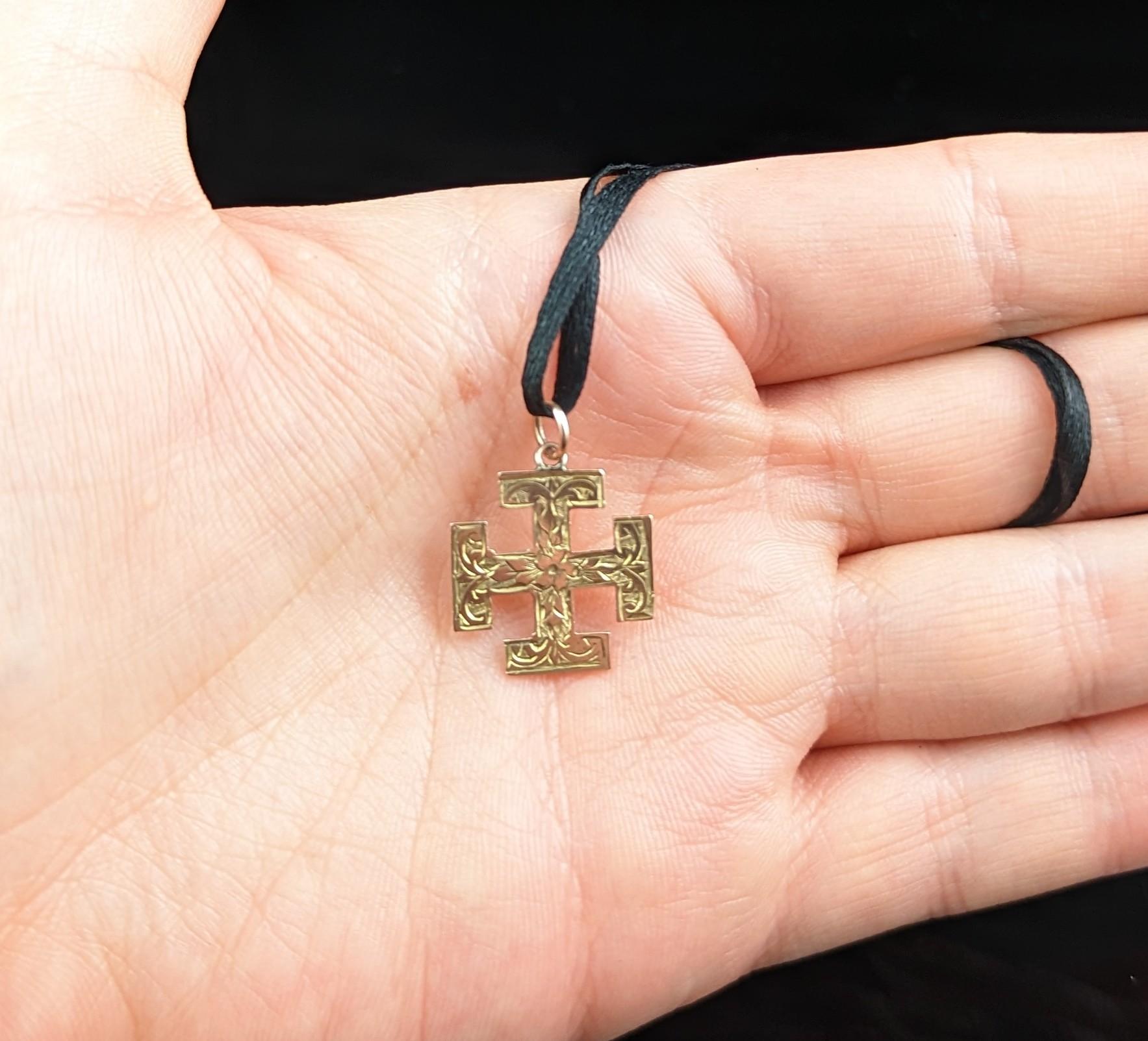 Edwardian Antique 9k Gold Jerusalem Cross Pendant, Engraved