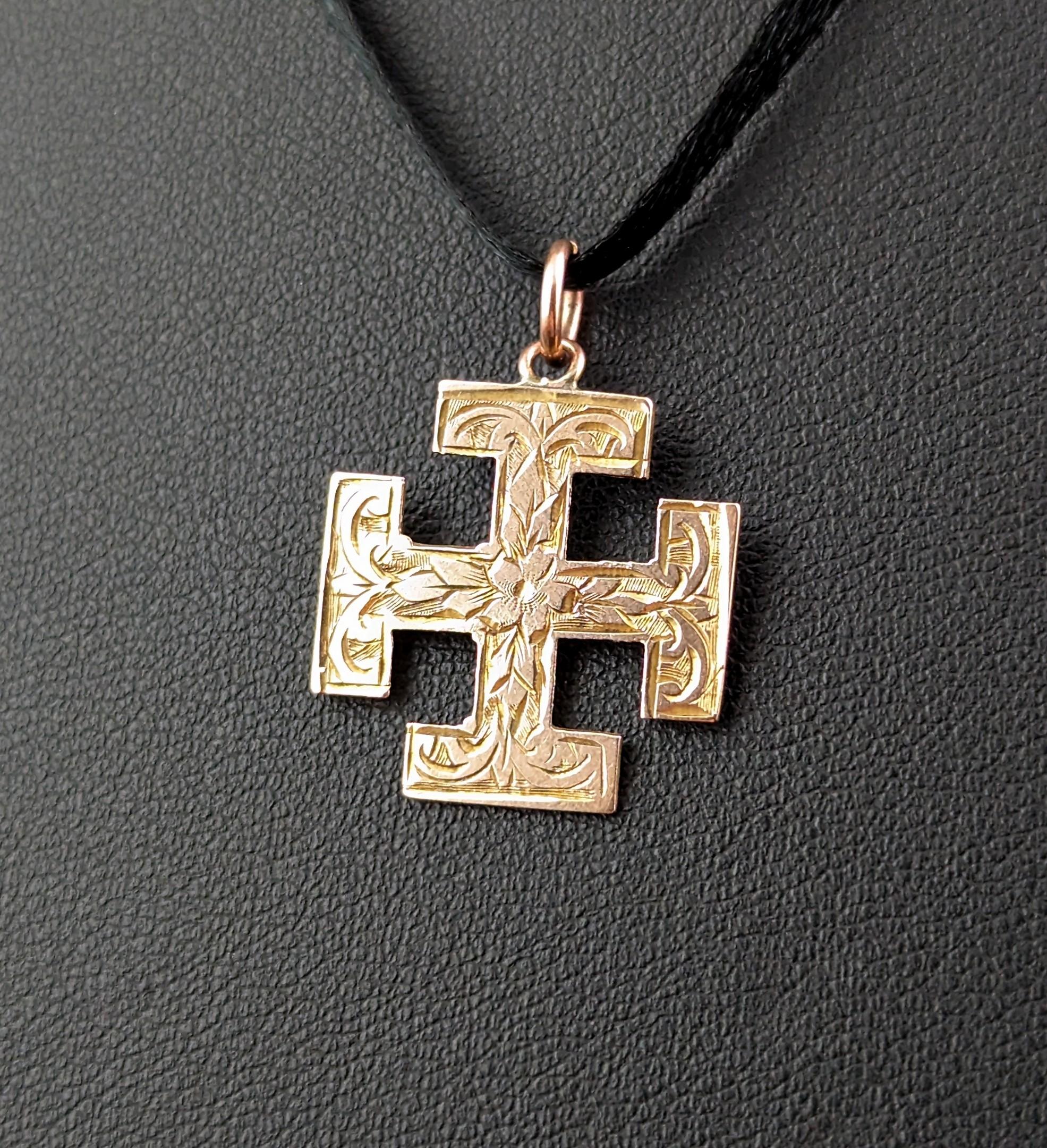 Antique 9k Gold Jerusalem Cross Pendant, Engraved 1