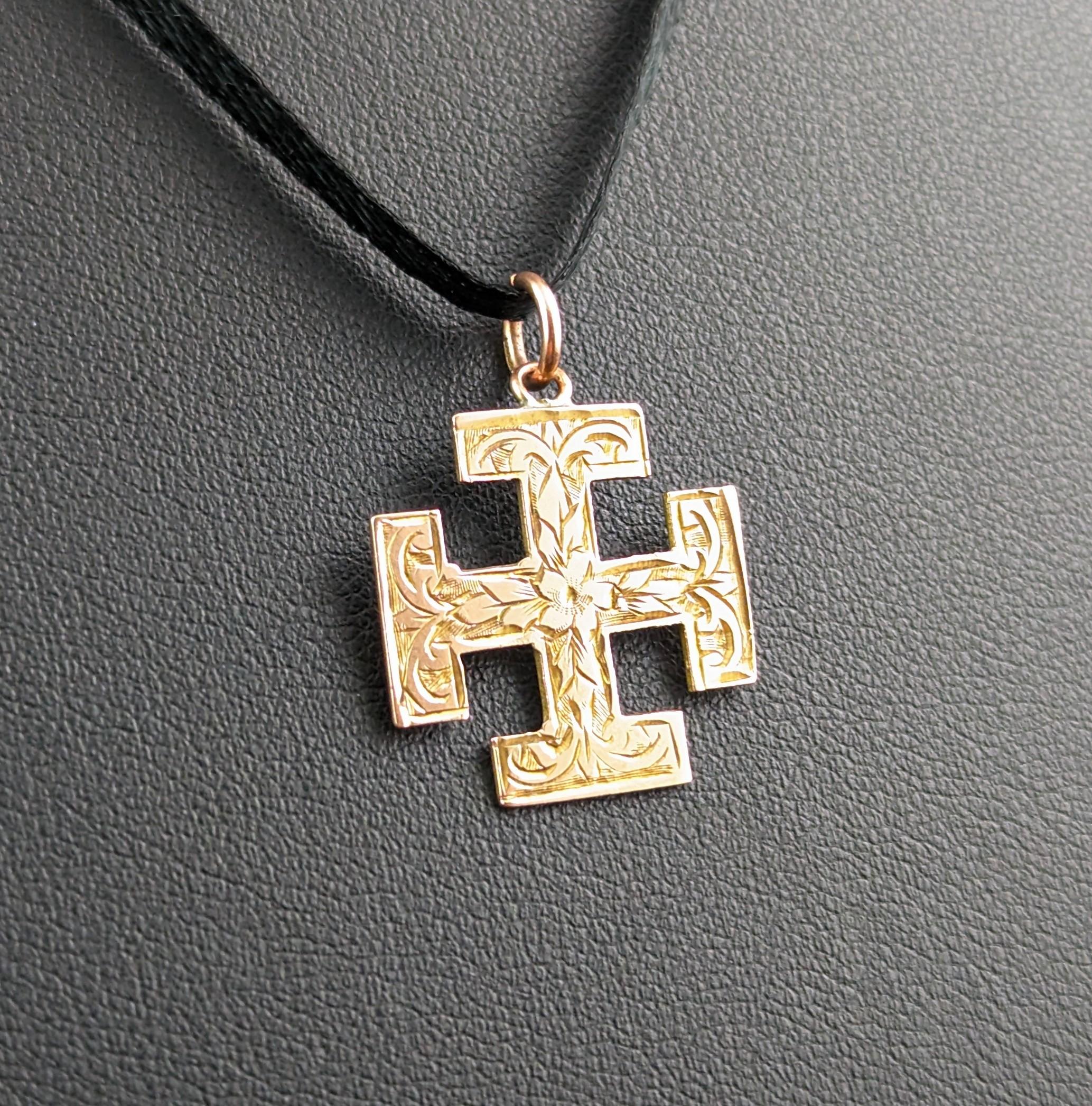 Antique 9k Gold Jerusalem Cross Pendant, Engraved 2