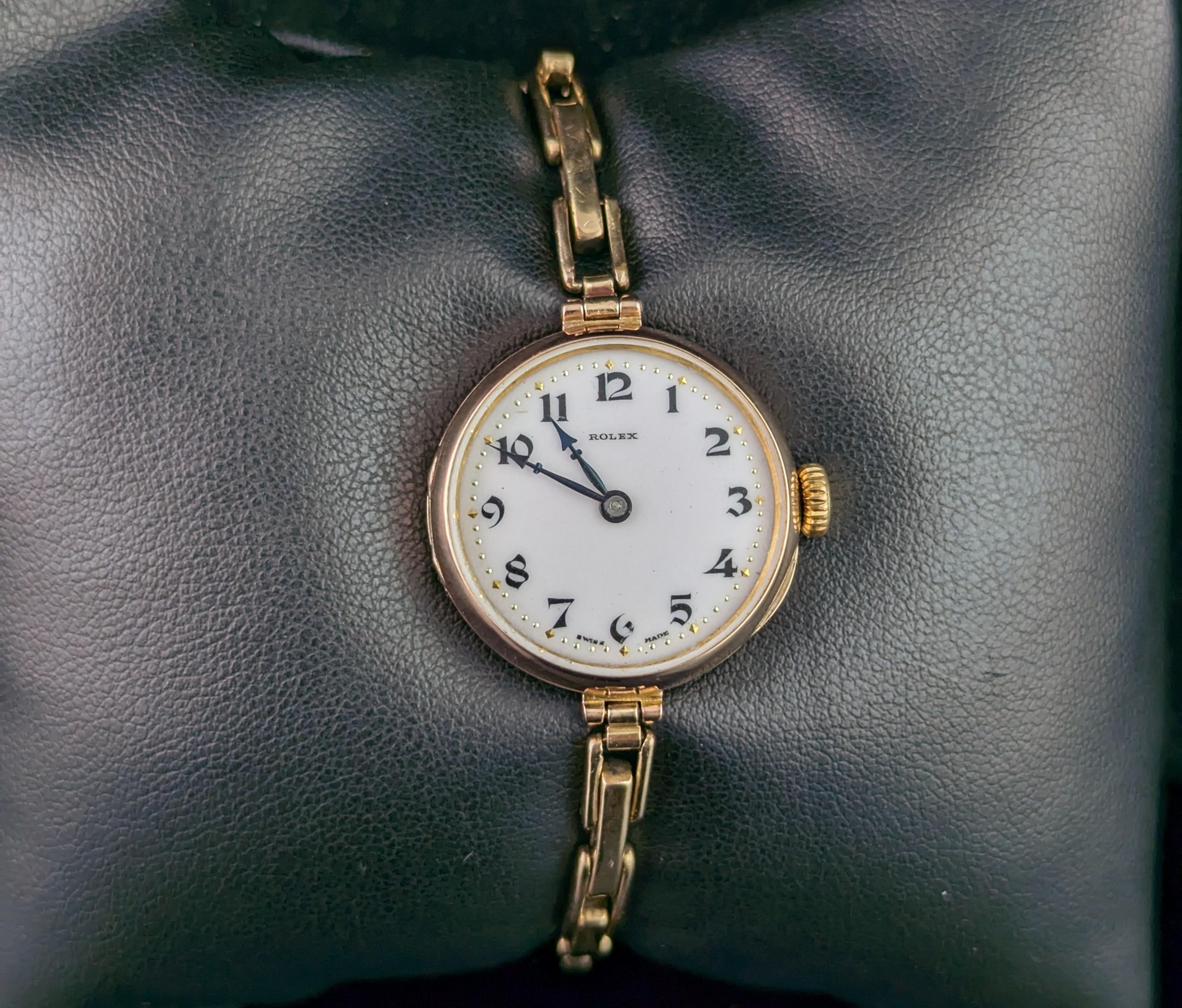 Antique 9k gold Ladies Rolex wristwatch, bracelet strap, Art Deco 6