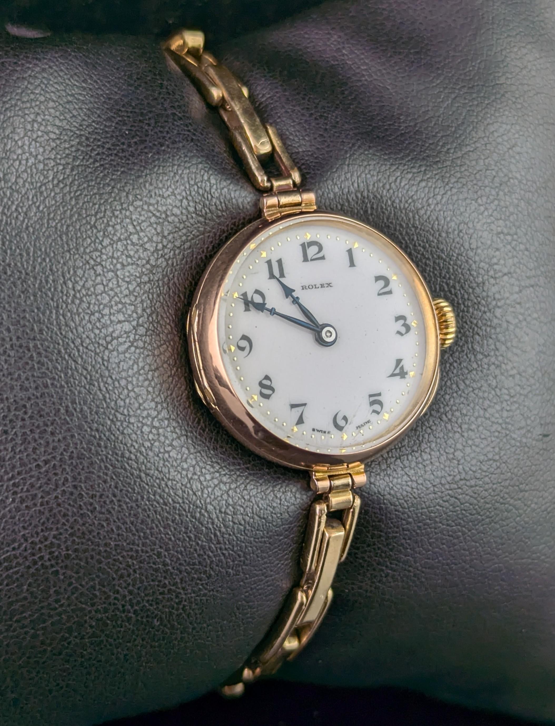 Antique 9k gold Ladies Rolex wristwatch, bracelet strap, Art Deco 7