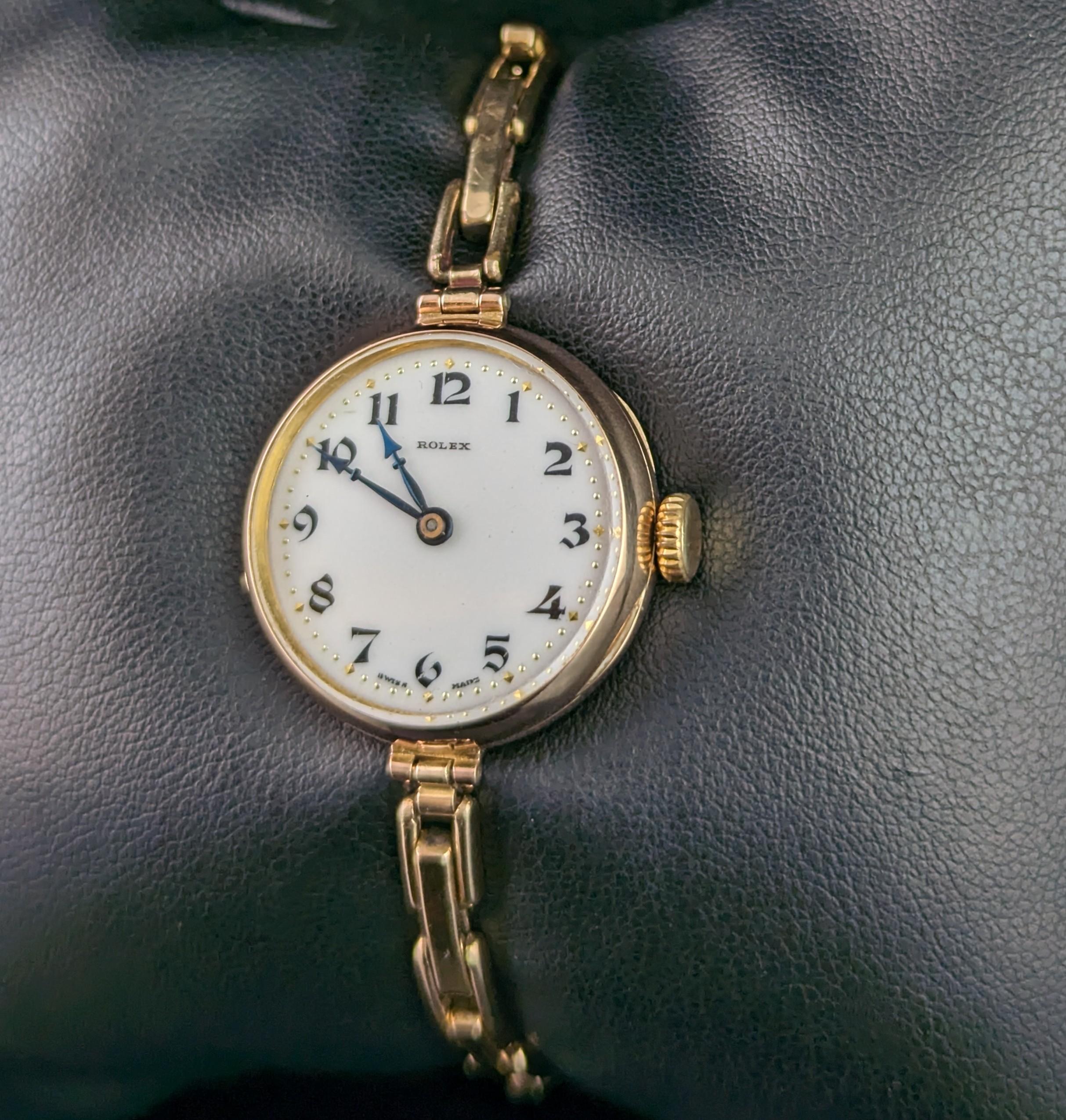 Antique 9k gold Ladies Rolex wristwatch, bracelet strap, Art Deco 8