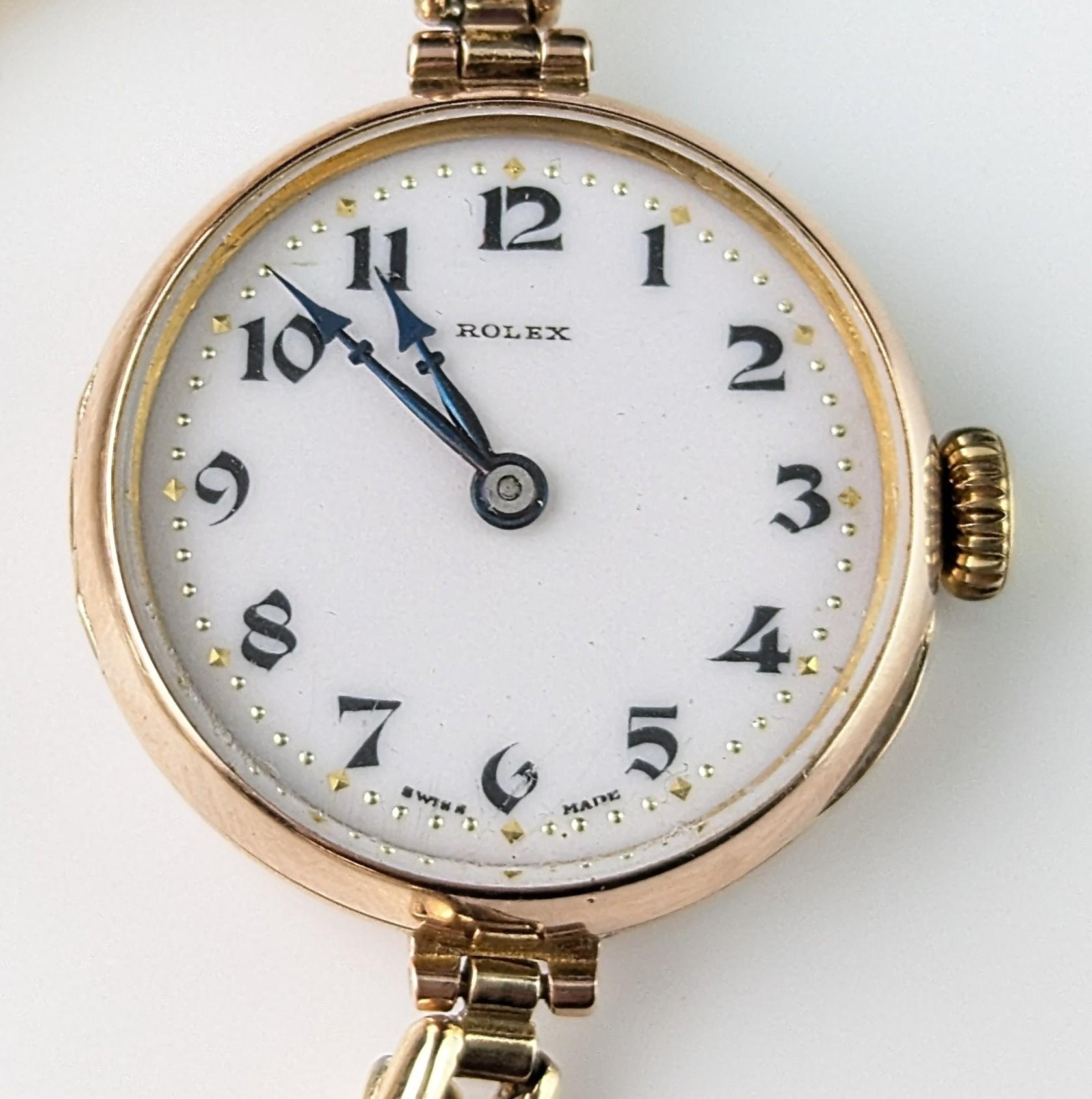 Antique 9k gold Ladies Rolex wristwatch, bracelet strap, Art Deco 11