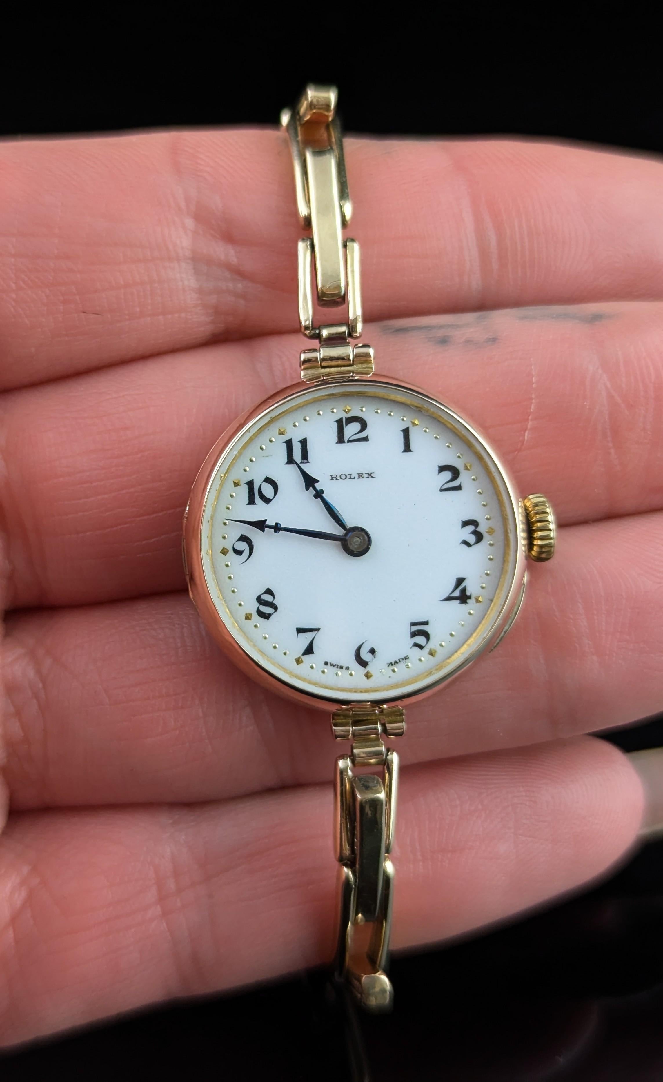 Antique 9k gold Ladies Rolex wristwatch, bracelet strap, Art Deco In Good Condition In NEWARK, GB