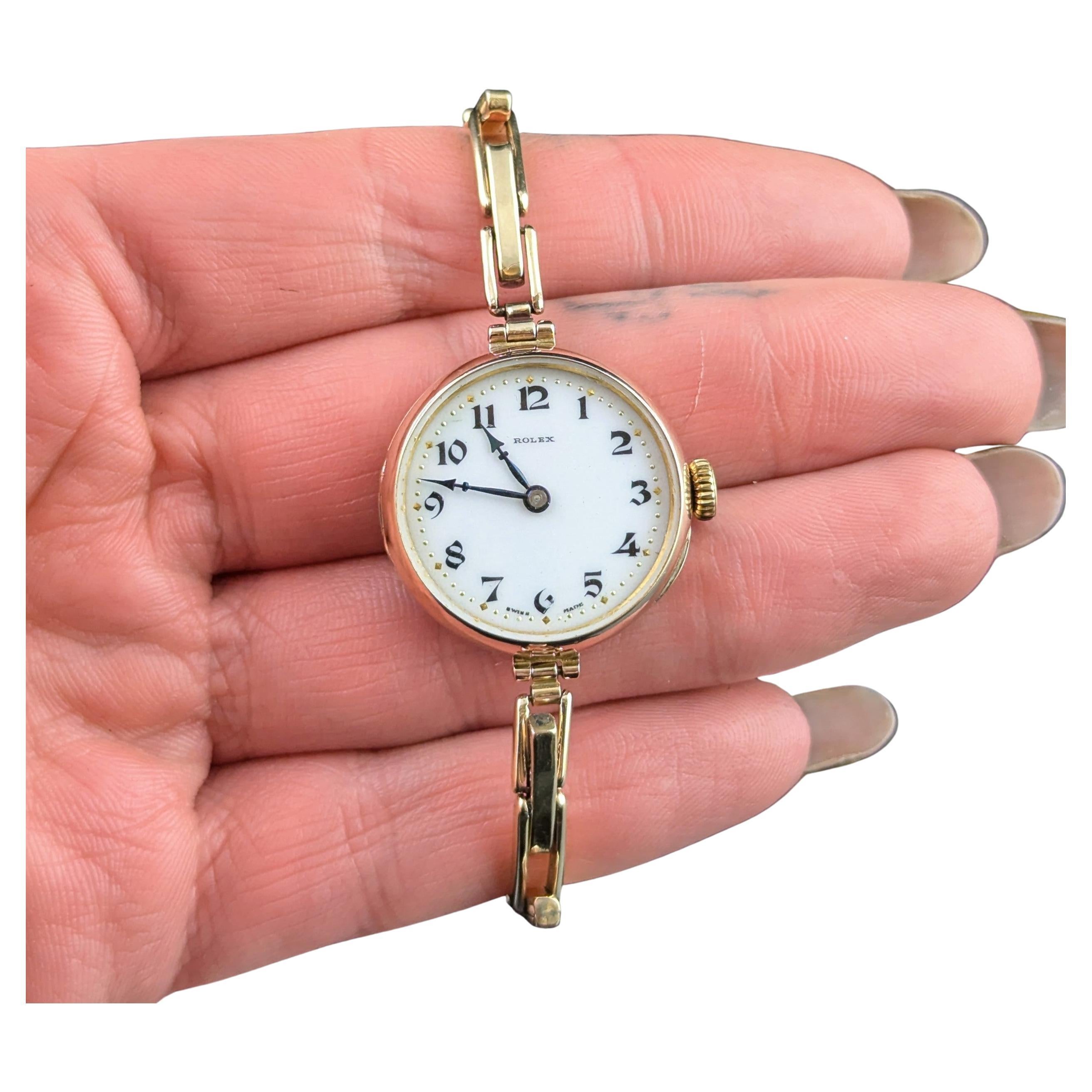 Antique 9k gold Ladies Rolex wristwatch, bracelet strap, Art Deco