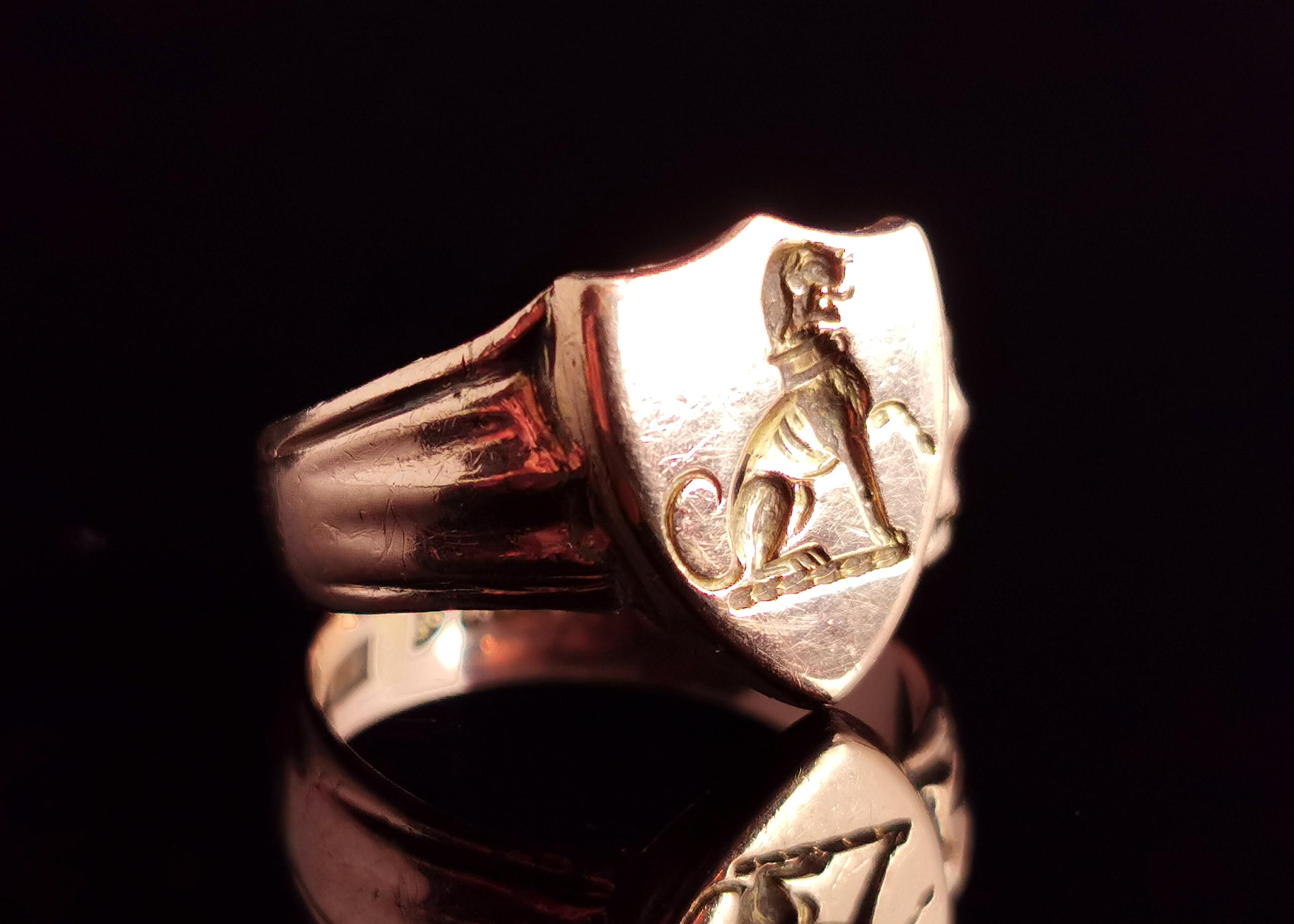 Edwardian Antique 9k Gold Lion Signet Ring, Shield Shaped