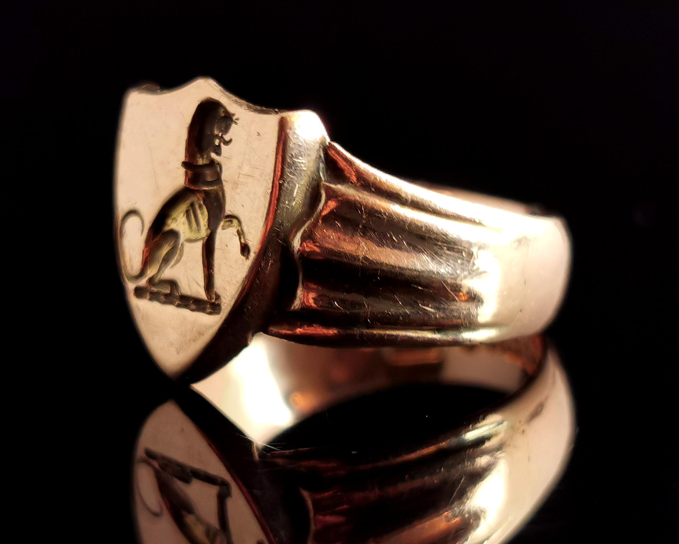 Antique 9k Gold Lion Signet Ring, Shield Shaped 2