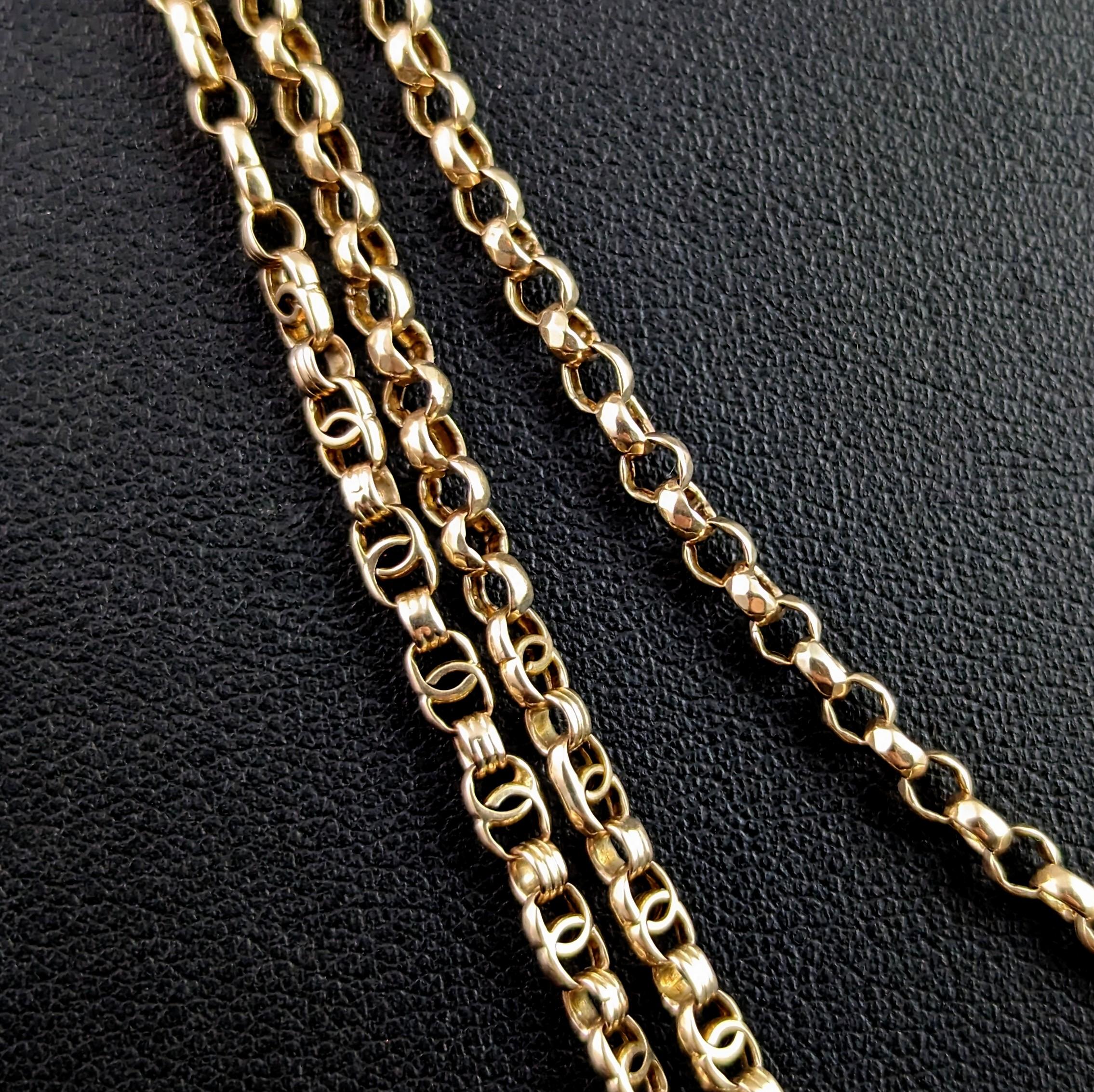 Antique 9k Gold Longuard Chain Necklace, Rolo and Fancy Link, Victorian For Sale 6