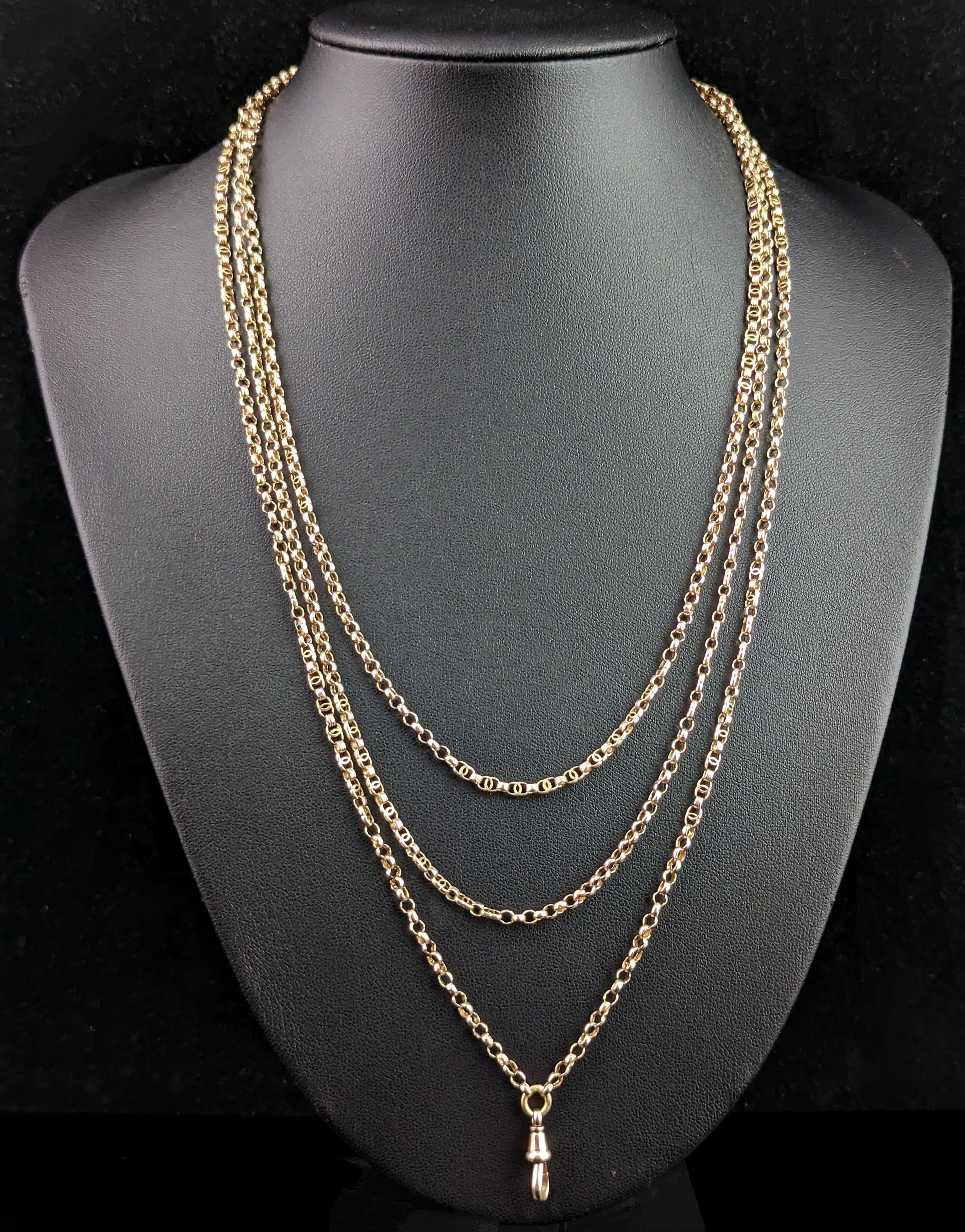 Antique 9k Gold Longuard Chain Necklace, Rolo and Fancy Link, Victorian For Sale 7