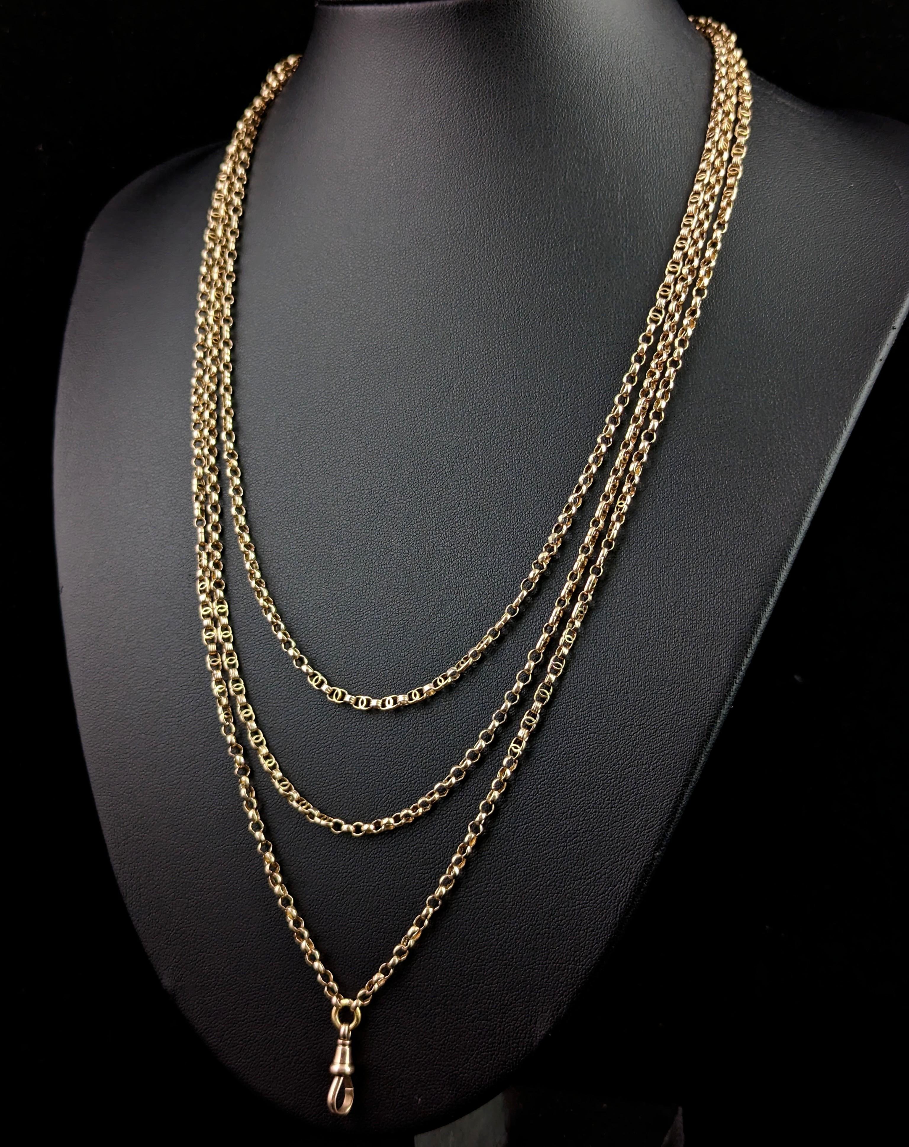 Antique 9k Gold Longuard Chain Necklace, Rolo and Fancy Link, Victorian For Sale 8
