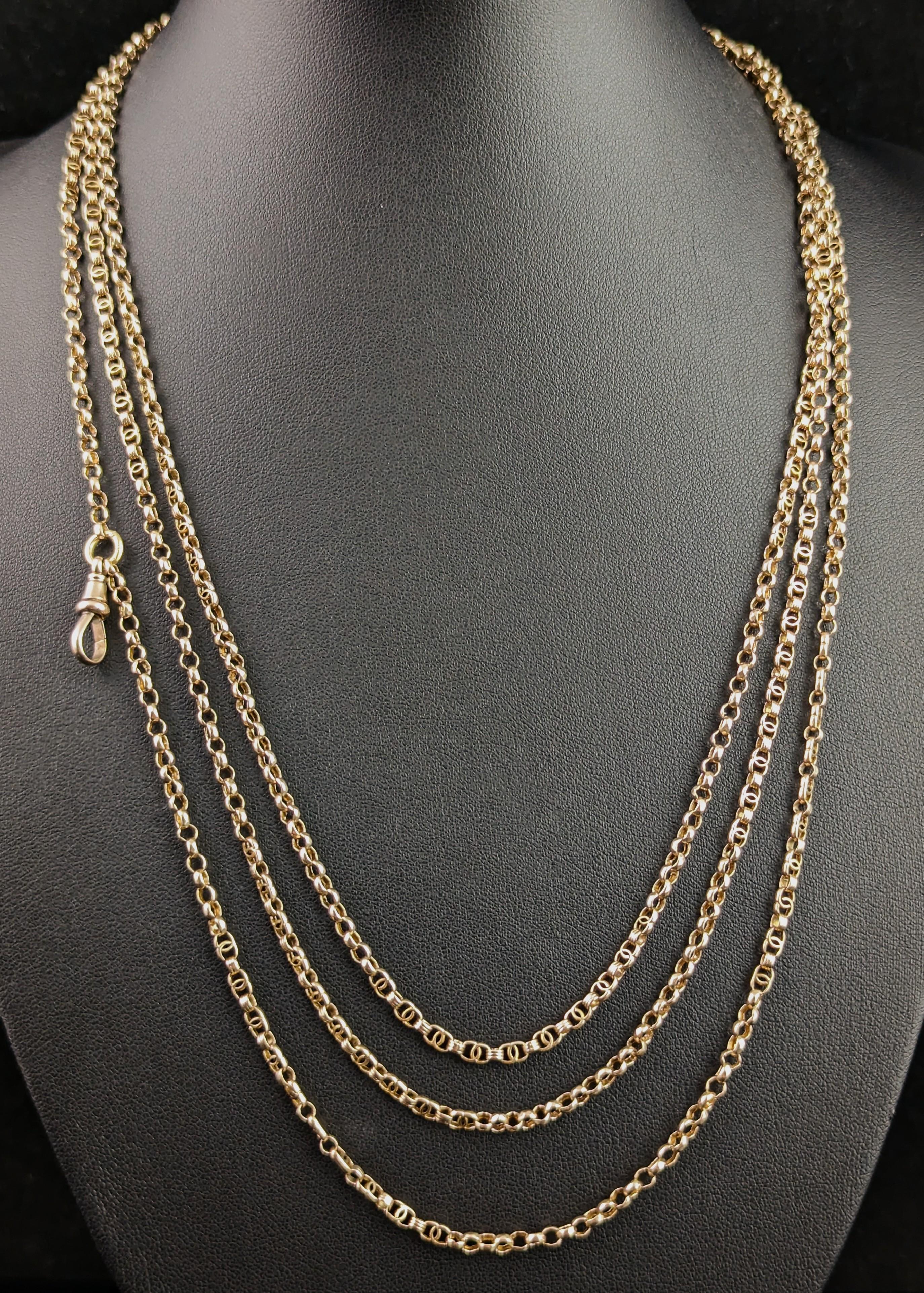 Antike 9k Gold Longuard Kette Halskette, Rolo und ausgefallene Glieder, viktorianisch im Angebot 10