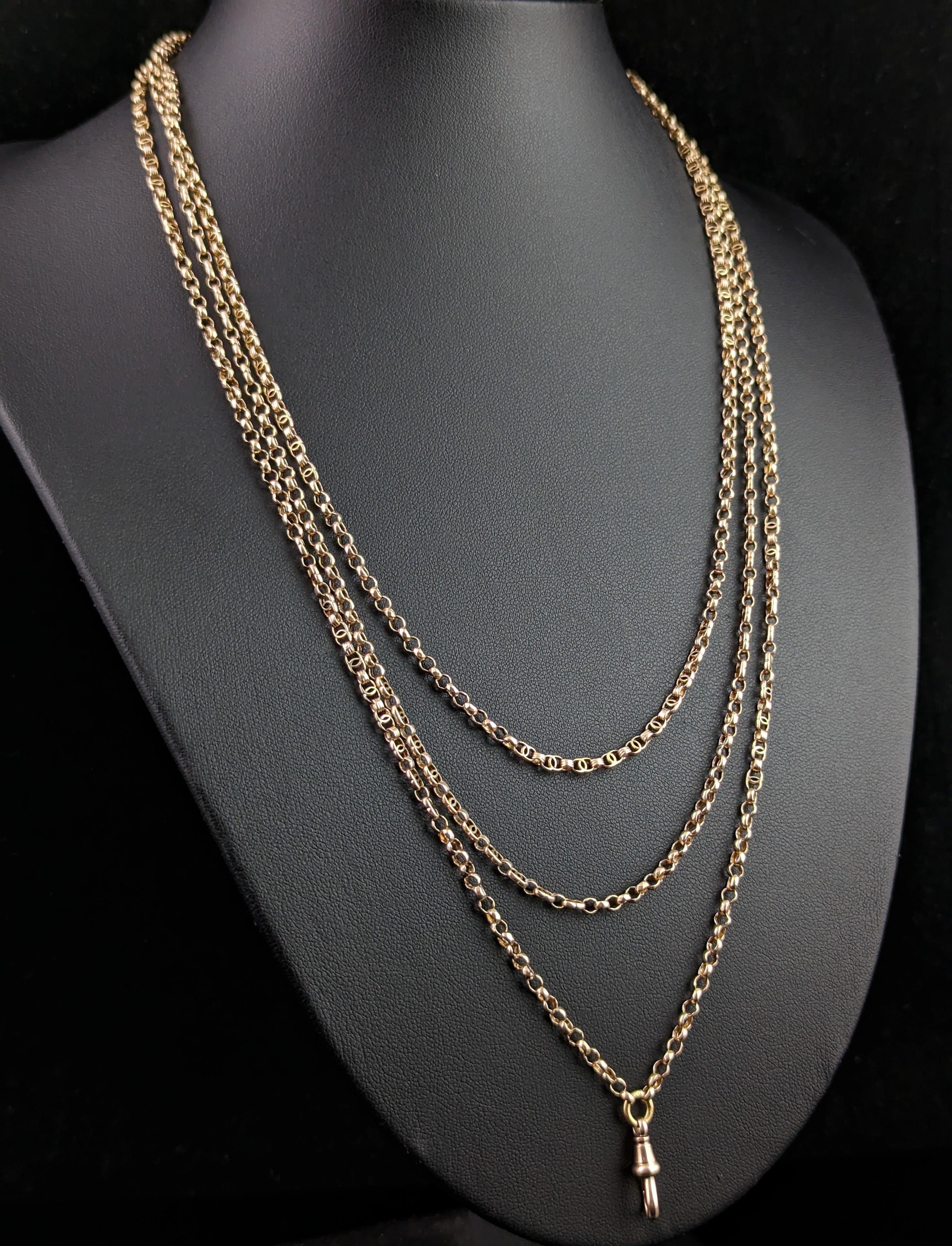 Antique 9k Gold Longuard Chain Necklace, Rolo and Fancy Link, Victorian In Good Condition For Sale In NEWARK, GB