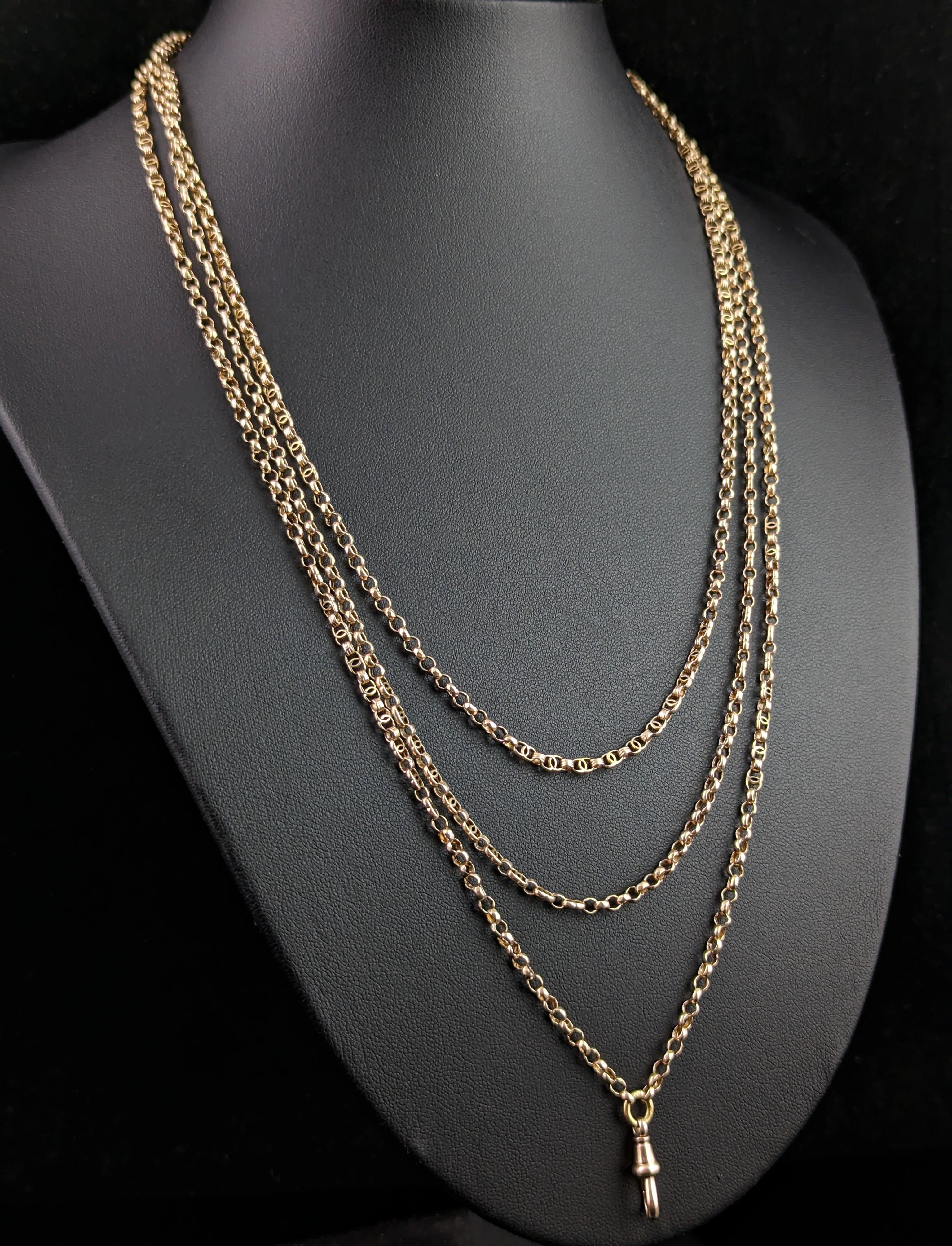 Antique 9k Gold Longuard Chain Necklace, Rolo and Fancy Link, Victorian