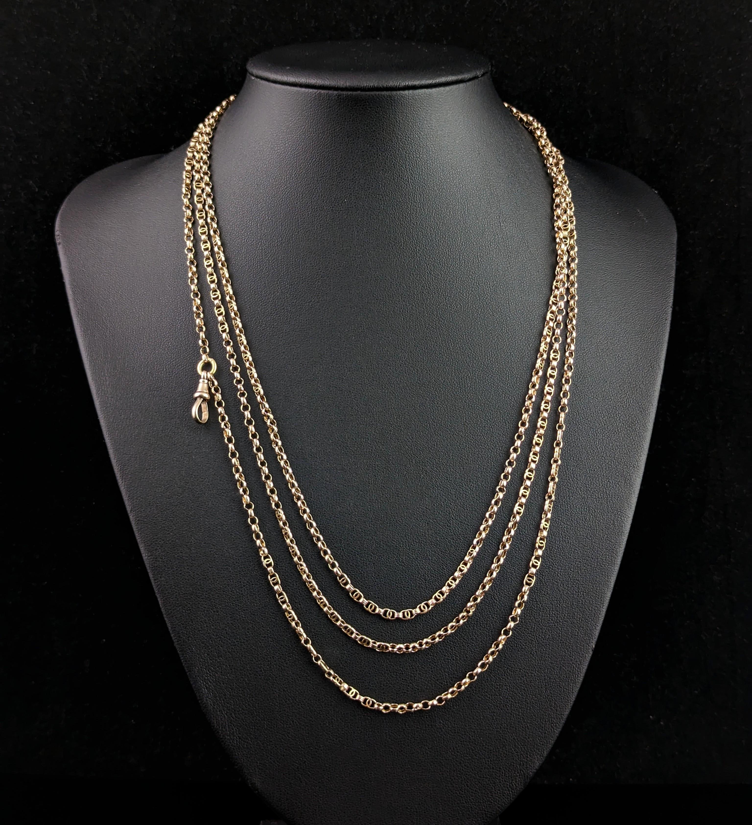 Antike 9k Gold Longuard Kette Halskette, Rolo und ausgefallene Glieder, viktorianisch für Damen oder Herren im Angebot