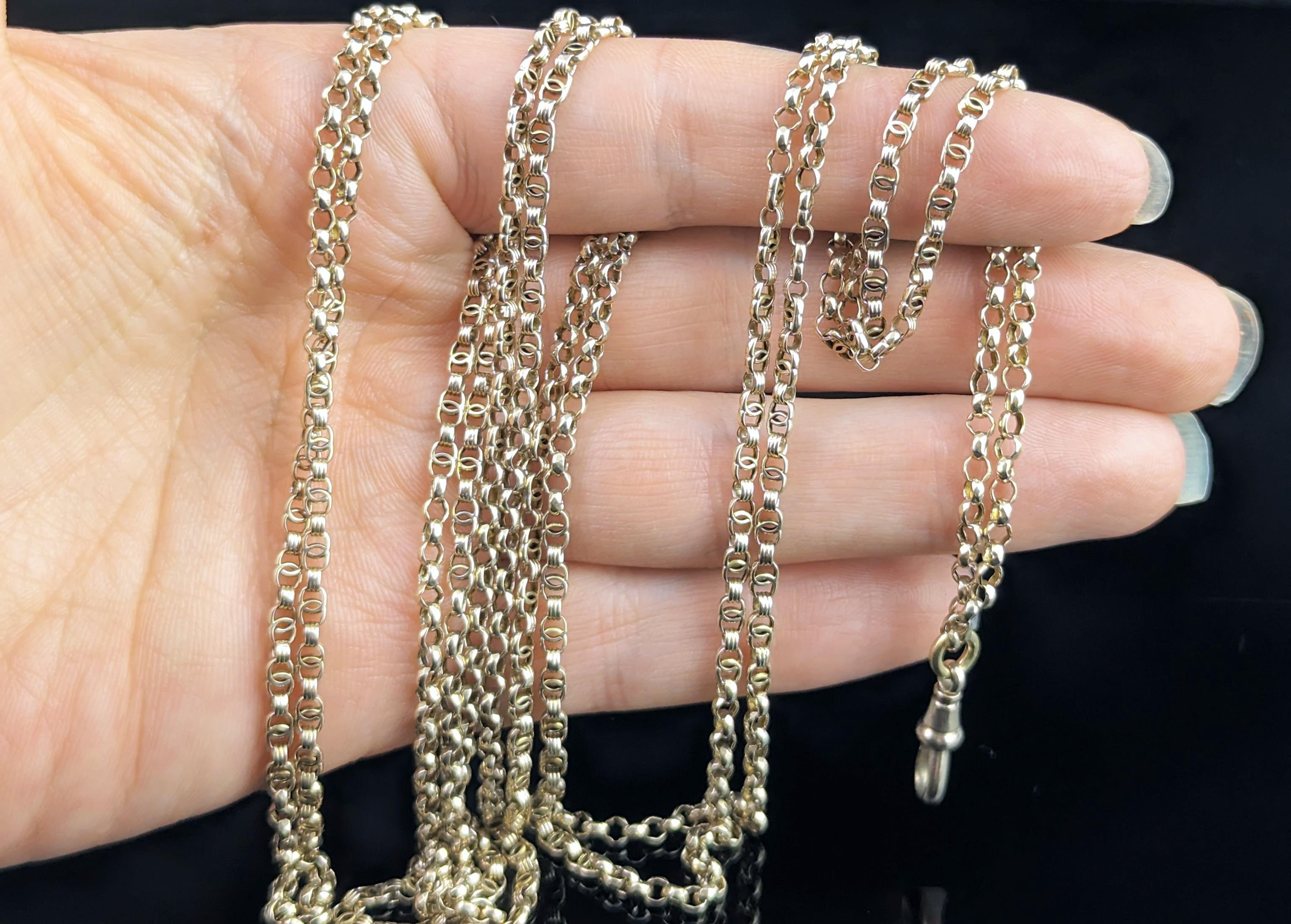 Antike 9k Gold Longuard Kette Halskette, Rolo und ausgefallene Glieder, viktorianisch im Angebot 1