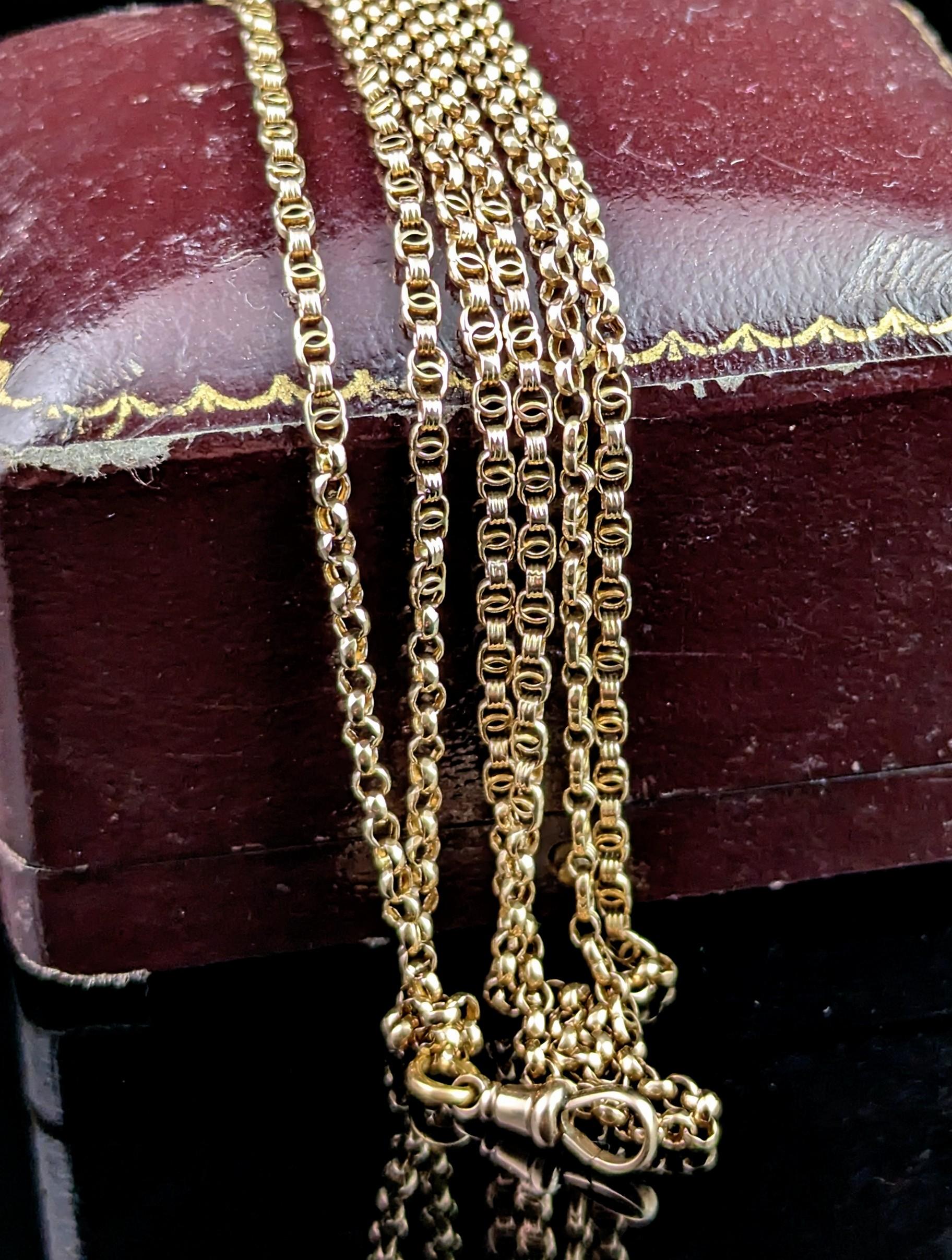 Antique 9k Gold Longuard Chain Necklace, Rolo and Fancy Link, Victorian For Sale 3