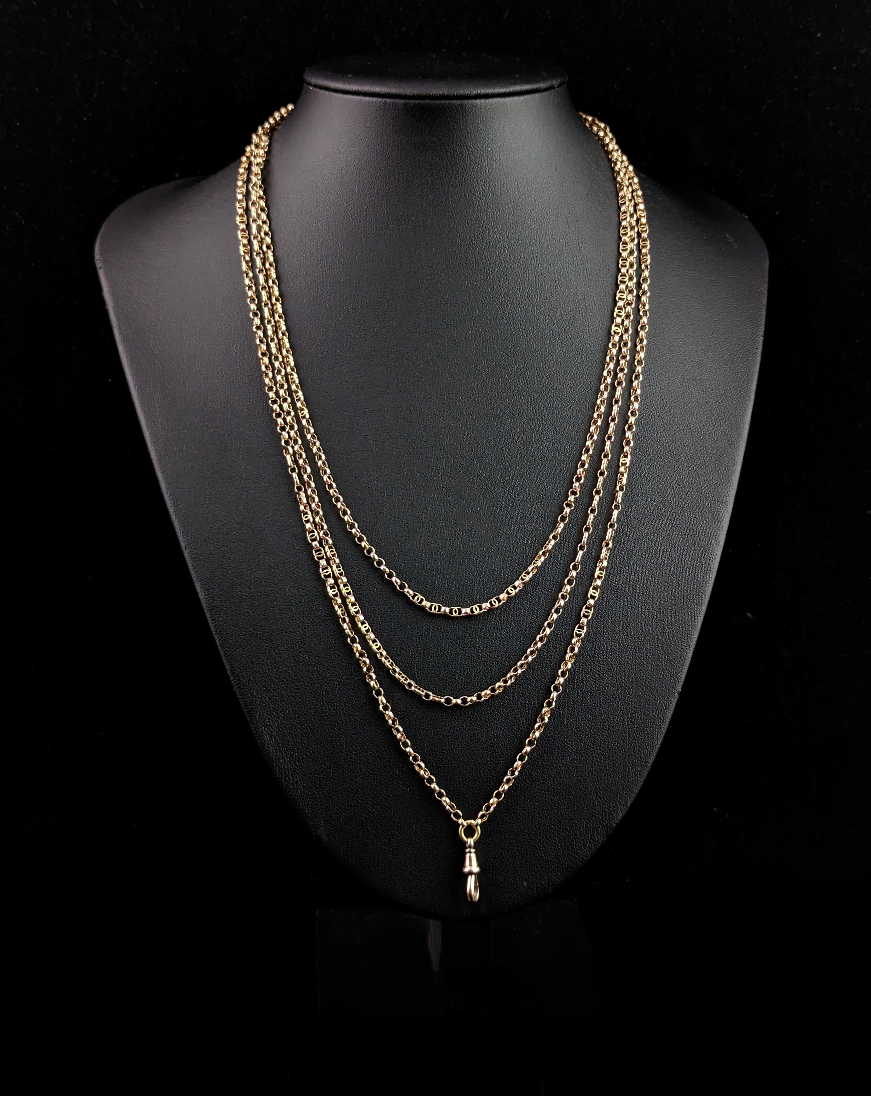 Antike 9k Gold Longuard Kette Halskette, Rolo und ausgefallene Glieder, viktorianisch im Angebot 4