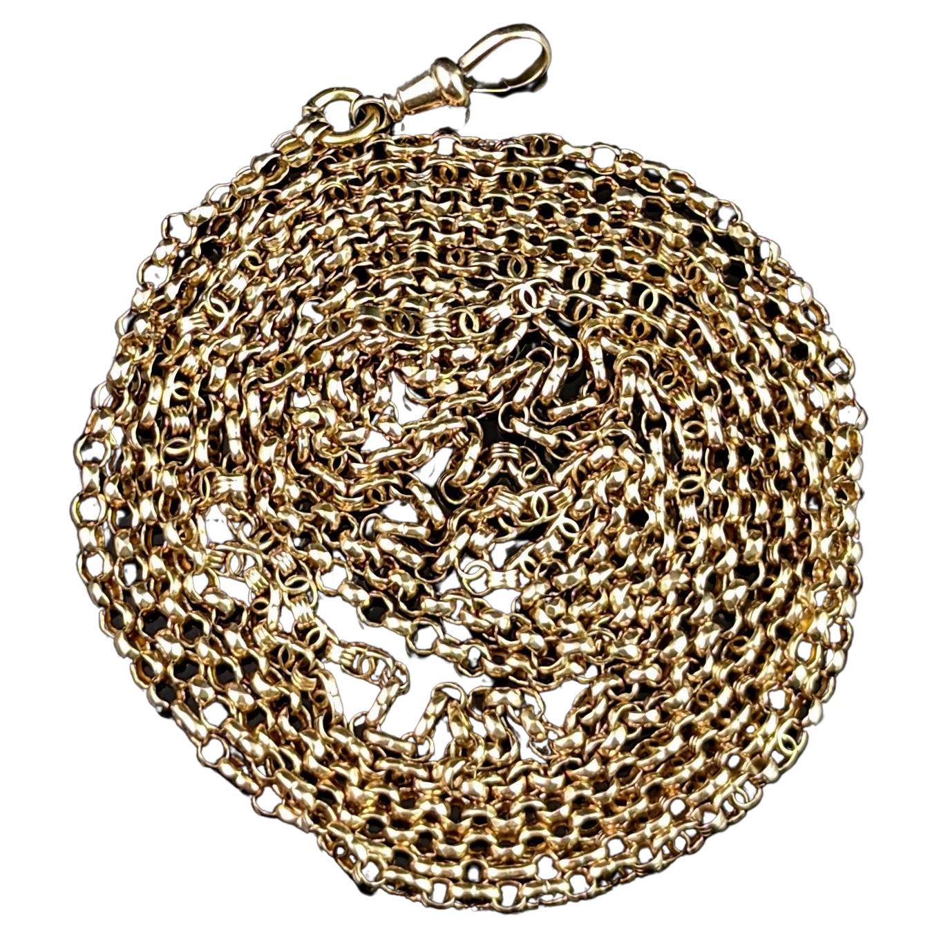 Antike 9k Gold Longuard Kette Halskette, Rolo und ausgefallene Glieder, viktorianisch im Angebot