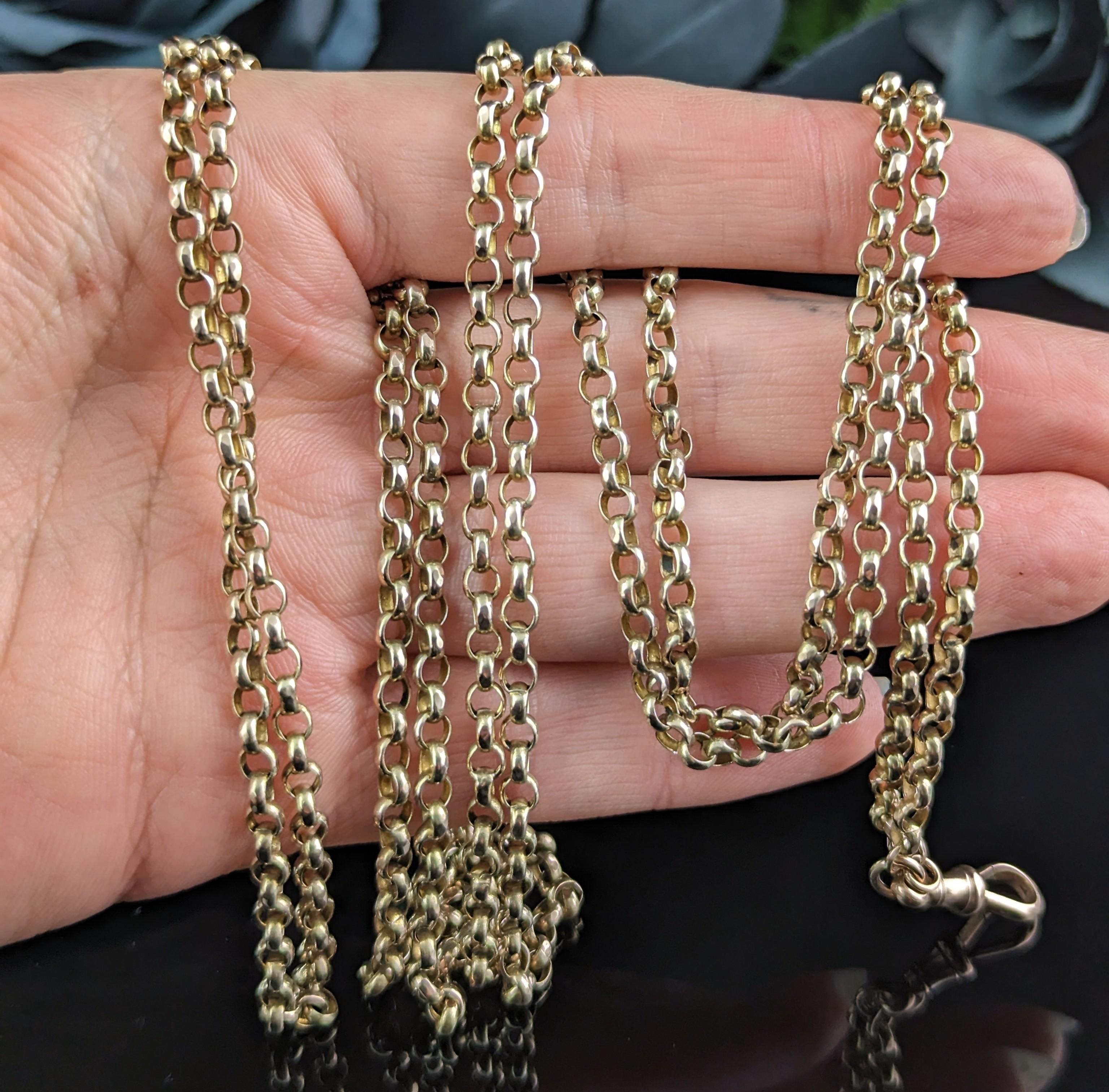 Antique 9k Gold Longuard Chain Necklace, Rolo Link, Muff Chain 5