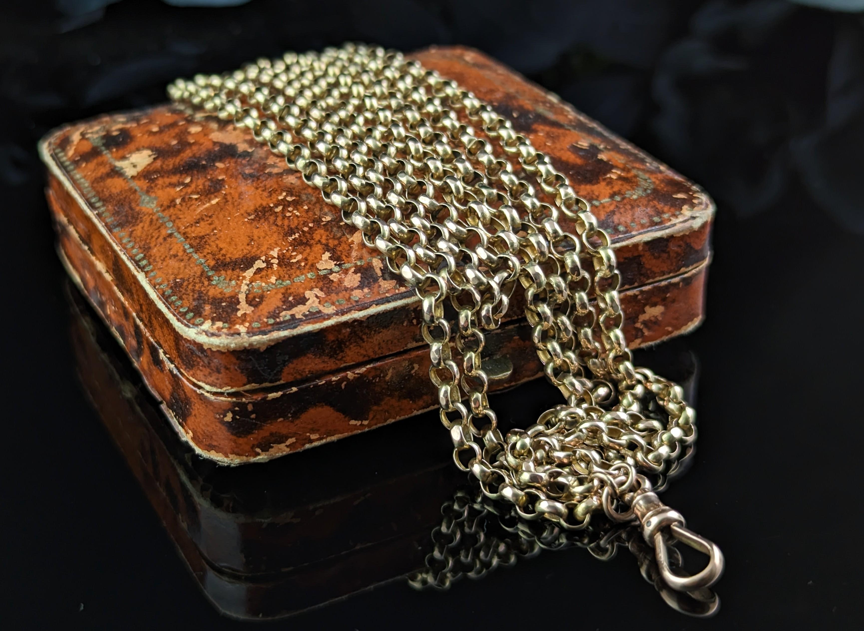 Victorian Antique 9k Gold Longuard Chain Necklace, Rolo Link, Muff Chain