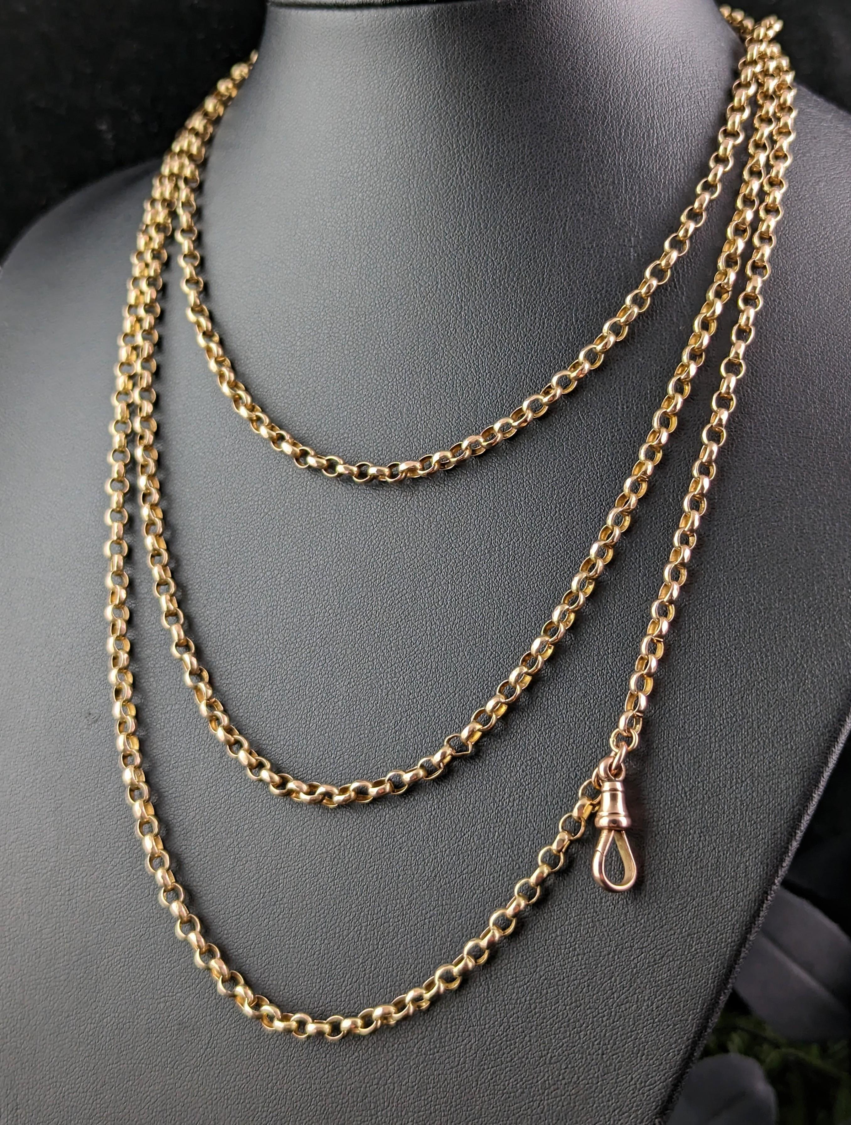 Antique 9k Gold Longuard Chain Necklace, Rolo Link, Muff Chain In Fair Condition In NEWARK, GB