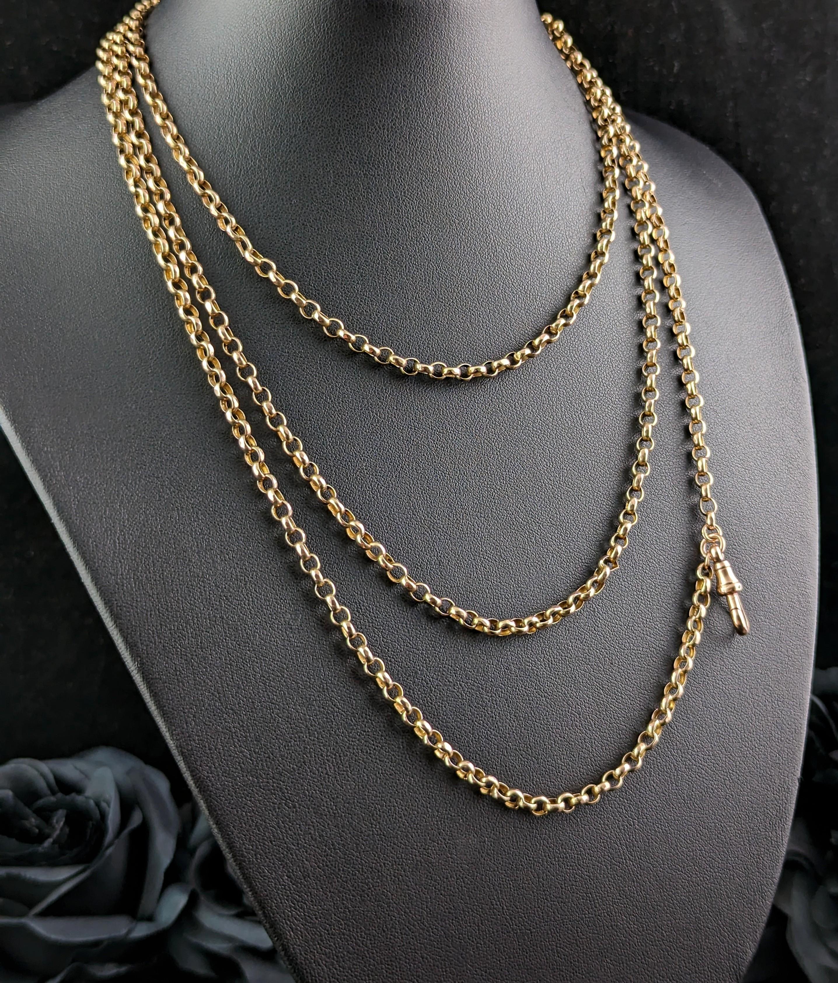Women's Antique 9k Gold Longuard Chain Necklace, Rolo Link, Muff Chain