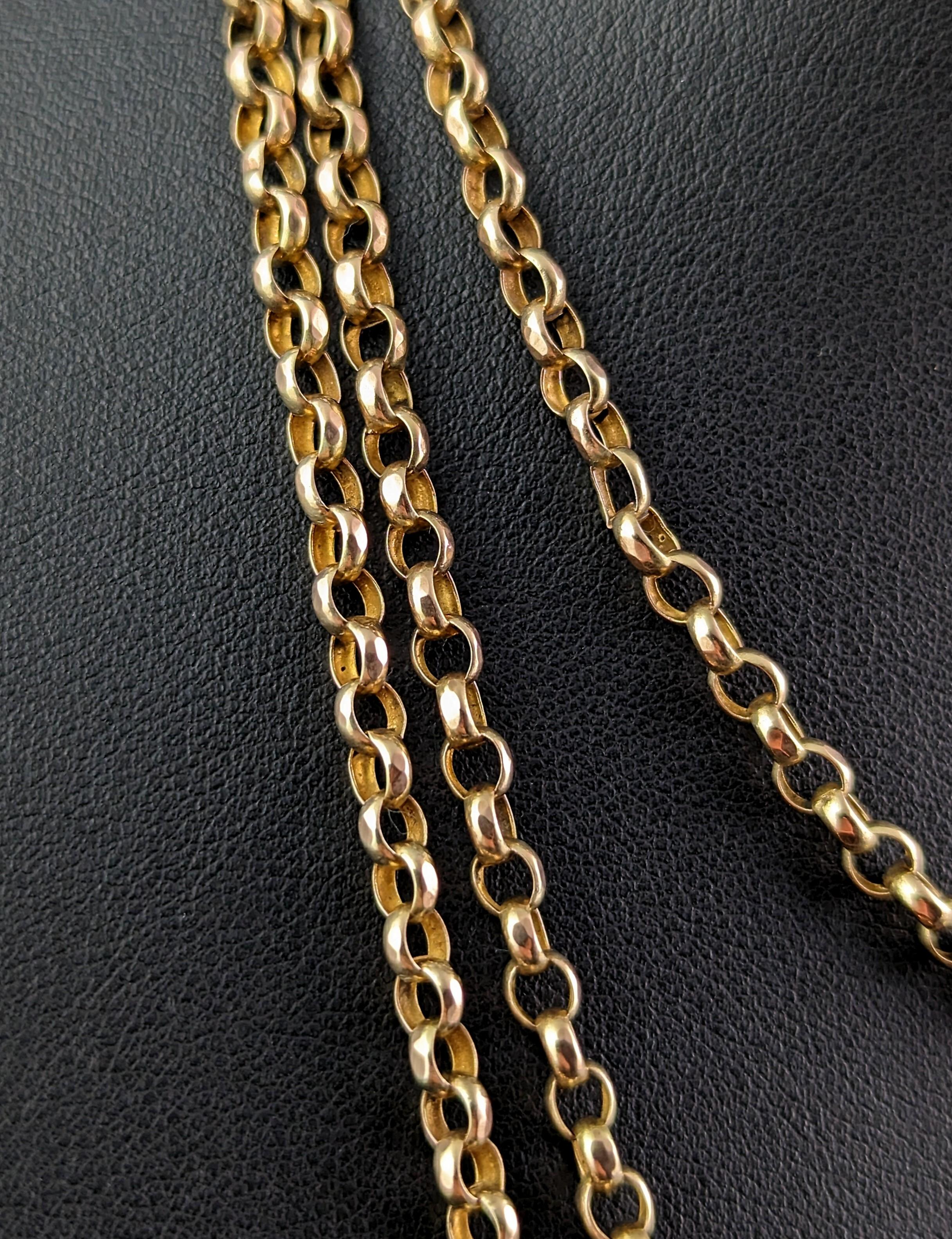 Antique 9k Gold Longuard Chain Necklace, Rolo Link, Muff Chain 1