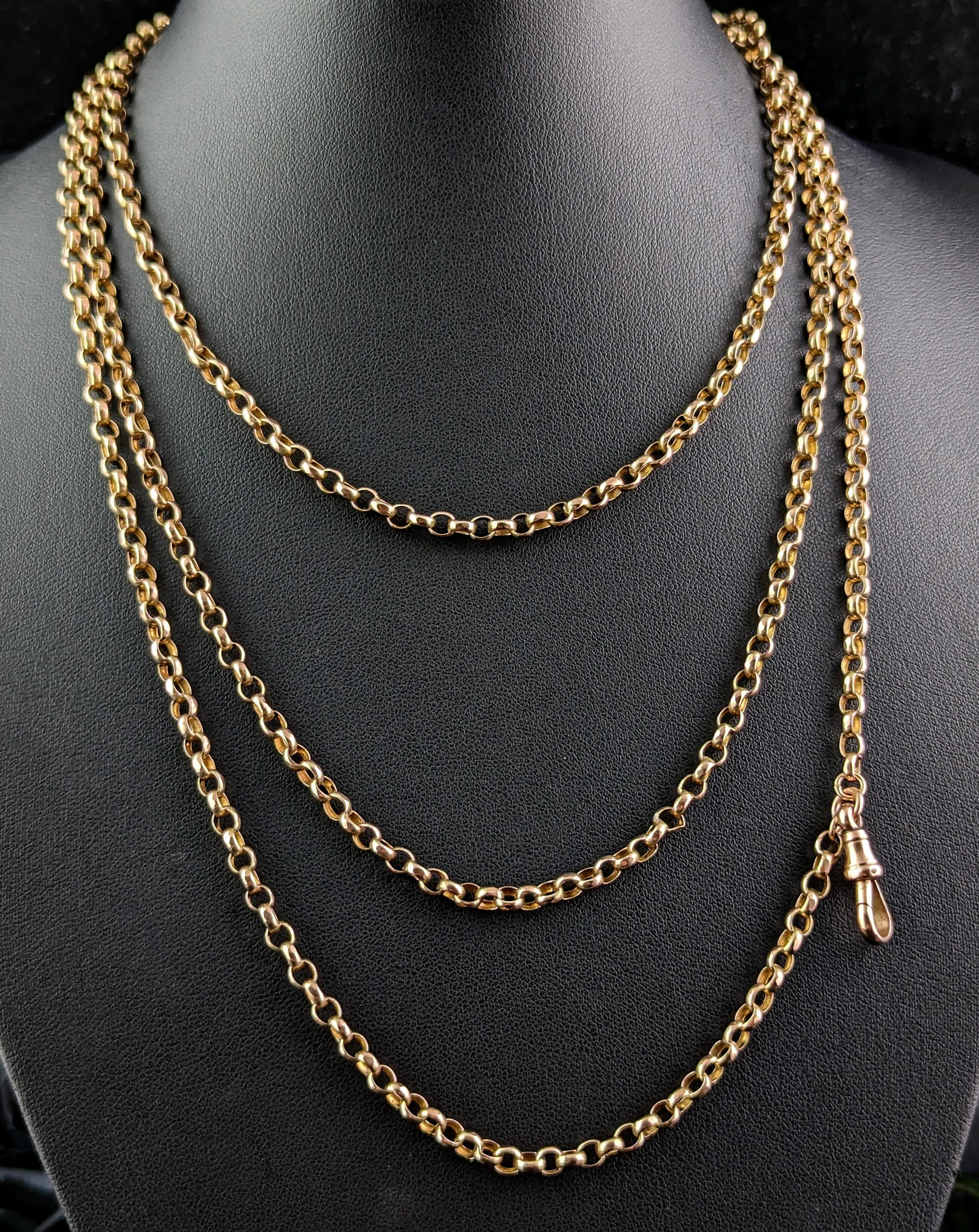 Antique 9k Gold Longuard Chain Necklace, Rolo Link, Muff Chain 2