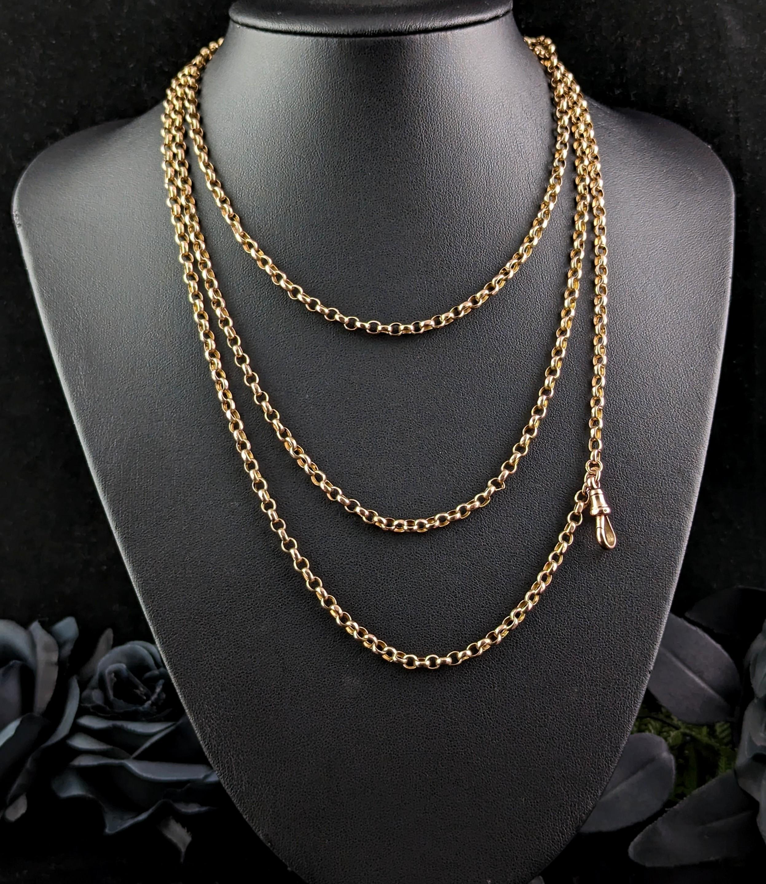 Antique 9k Gold Longuard Chain Necklace, Rolo Link, Muff Chain 3