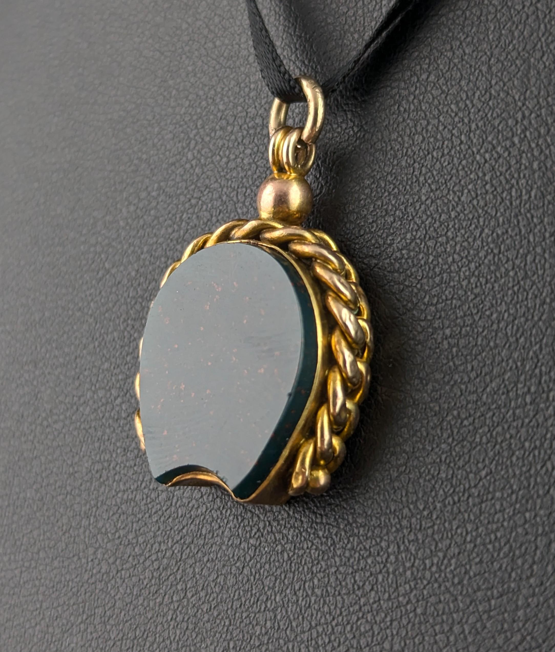 Antique 9k gold Lucky Horseshoe seal fob pendant, Bloodstone 5
