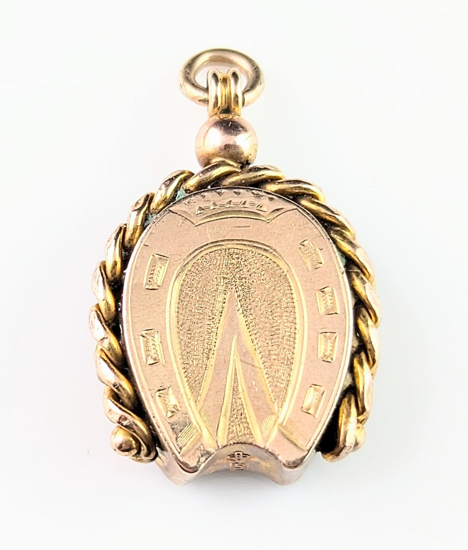 Antique 9k gold Lucky Horseshoe seal fob pendant, Bloodstone 6