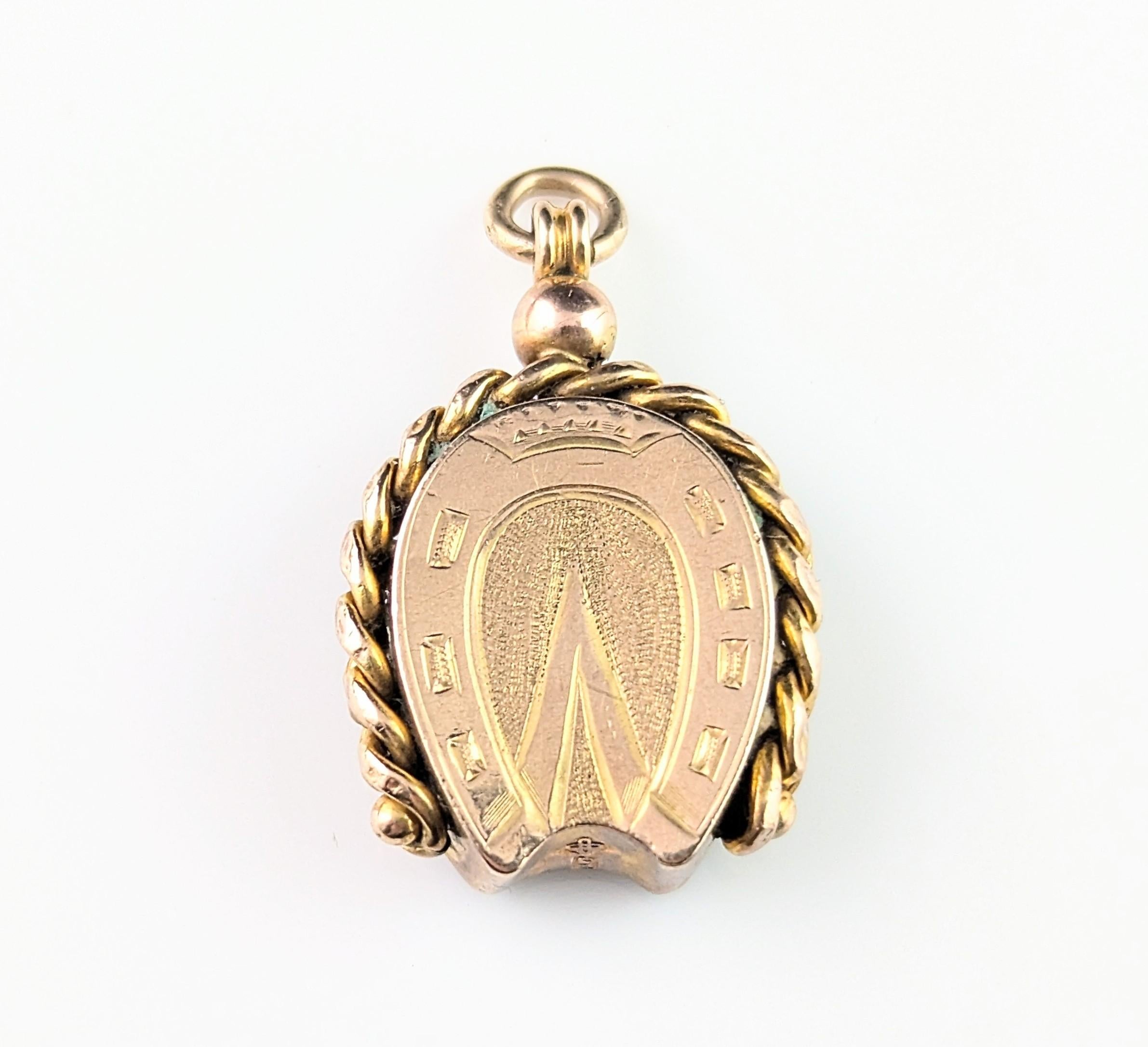 Antique 9k gold Lucky Horseshoe seal fob pendant, Bloodstone 7