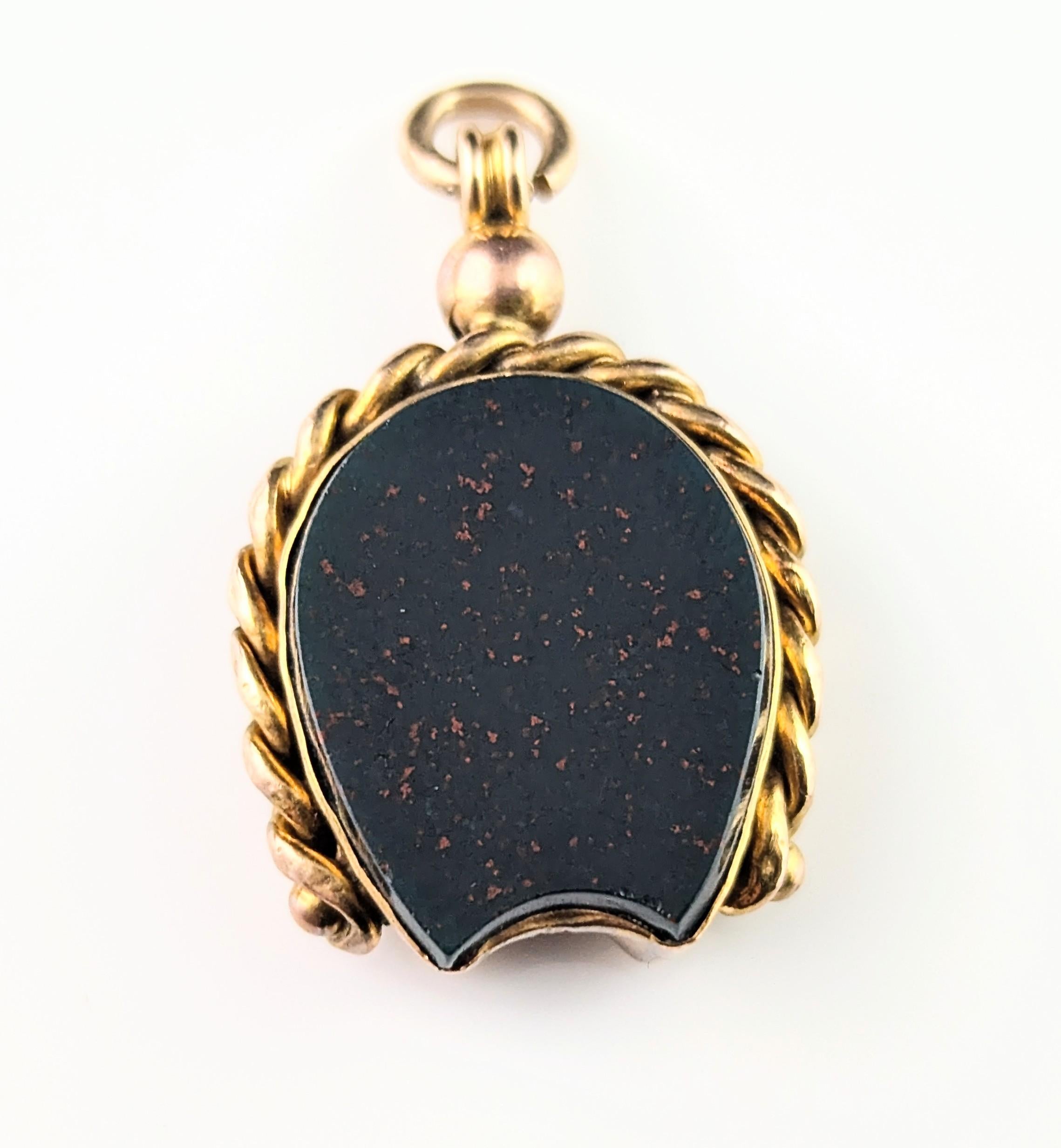 Antique 9k gold Lucky Horseshoe seal fob pendant, Bloodstone 8