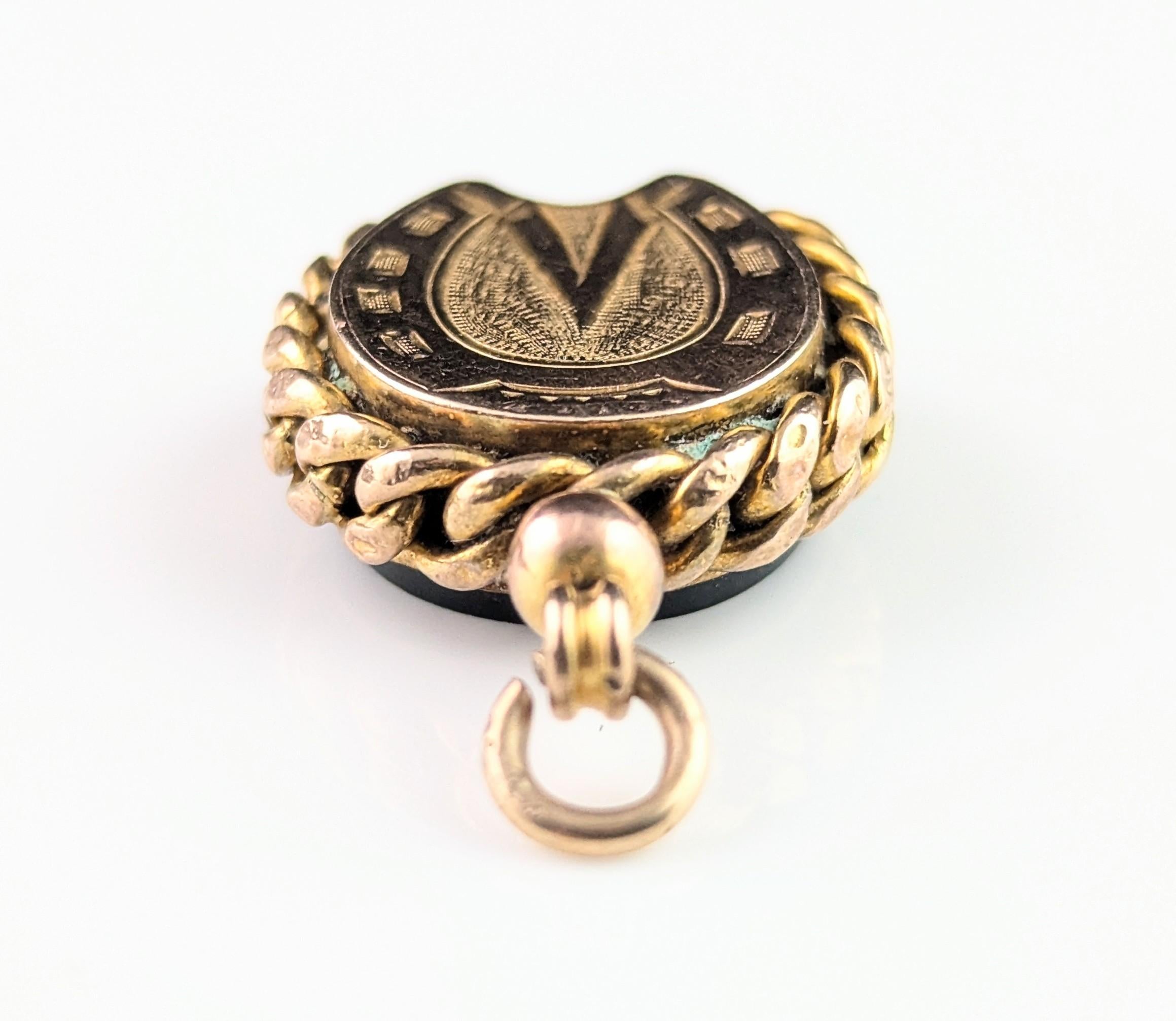 Antique 9k gold Lucky Horseshoe seal fob pendant, Bloodstone 9