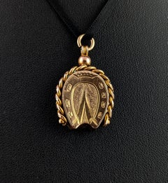 Antique 9k gold Lucky Horseshoe seal fob pendant, Bloodstone