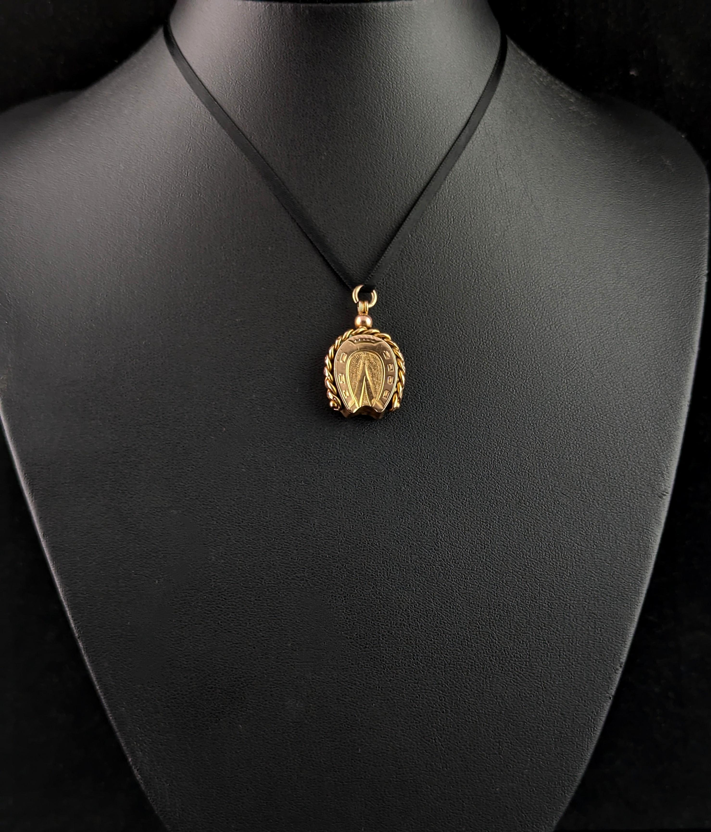 Edwardian Antique 9k gold Lucky Horseshoe seal fob pendant, Bloodstone