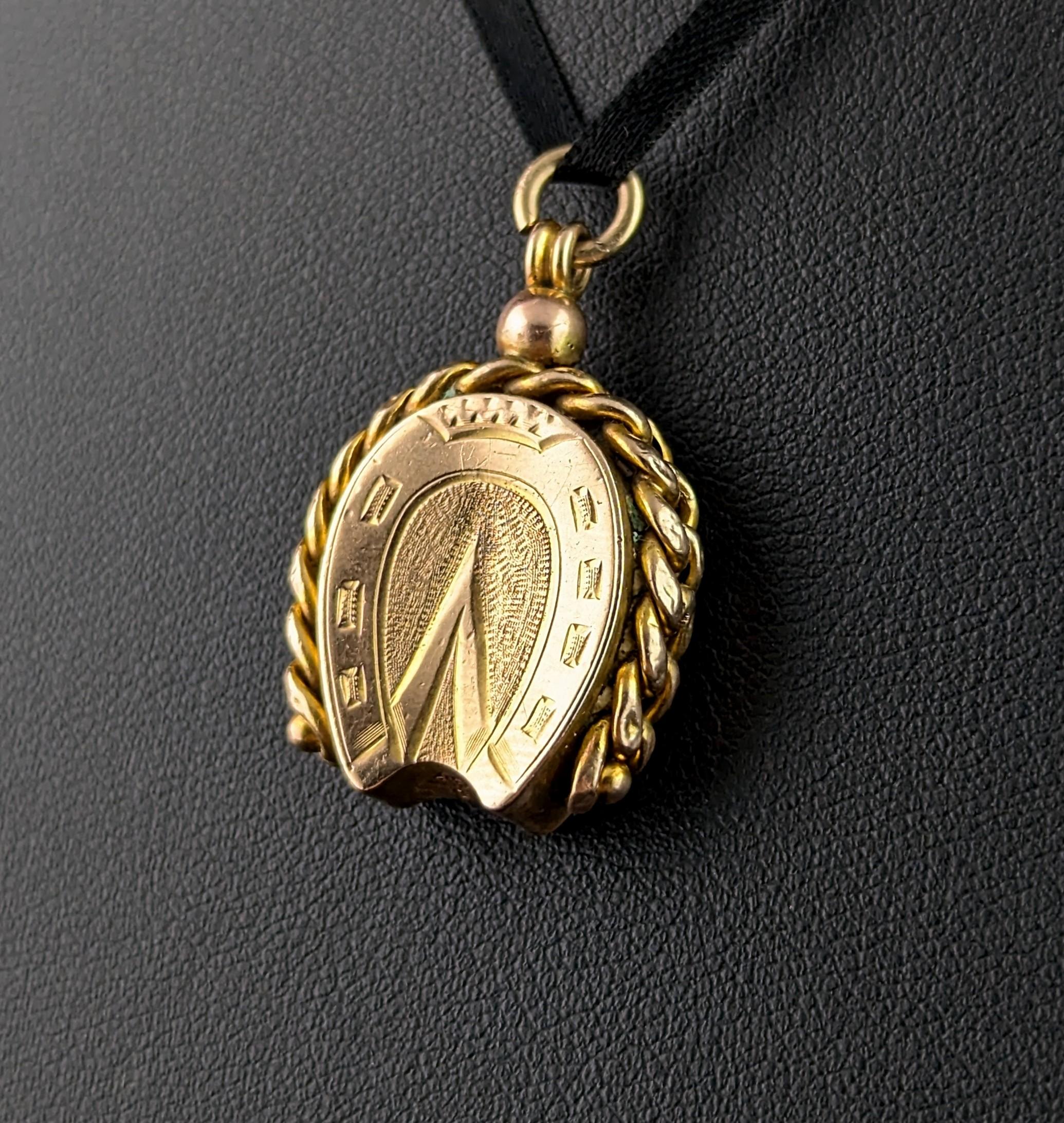 Women's or Men's Antique 9k gold Lucky Horseshoe seal fob pendant, Bloodstone