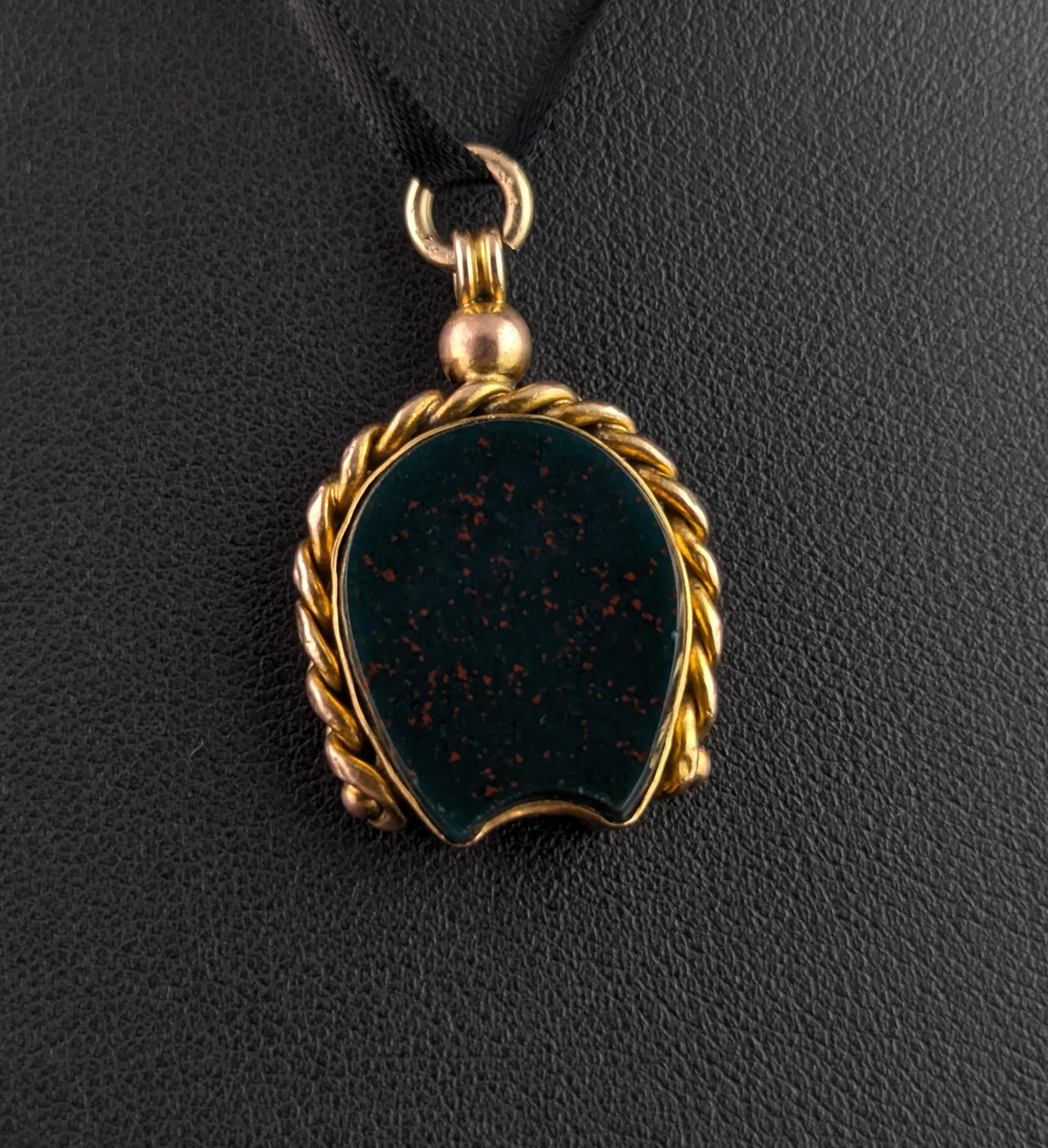 Antique 9k gold Lucky Horseshoe seal fob pendant, Bloodstone 1