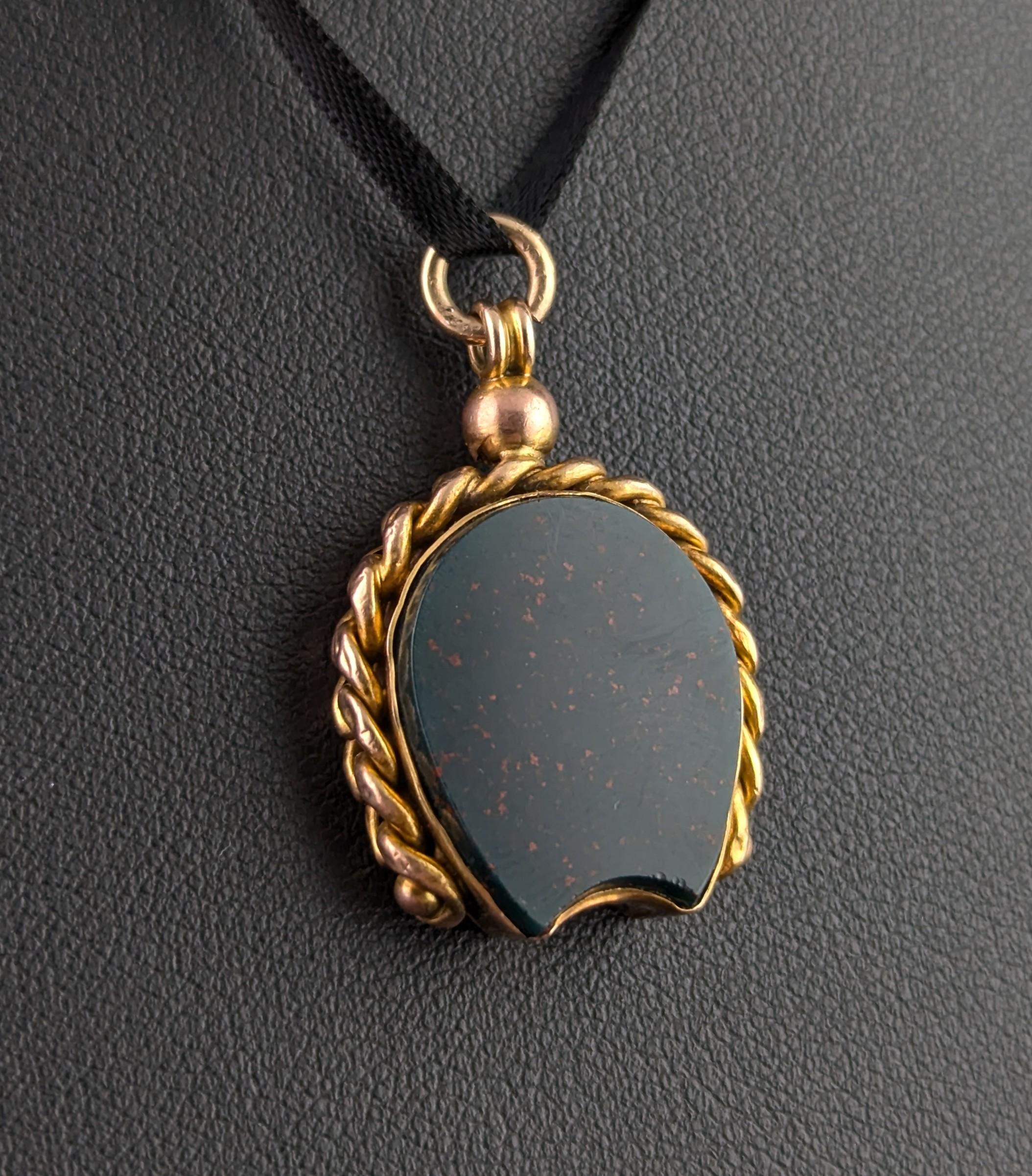 Antique 9k gold Lucky Horseshoe seal fob pendant, Bloodstone 2