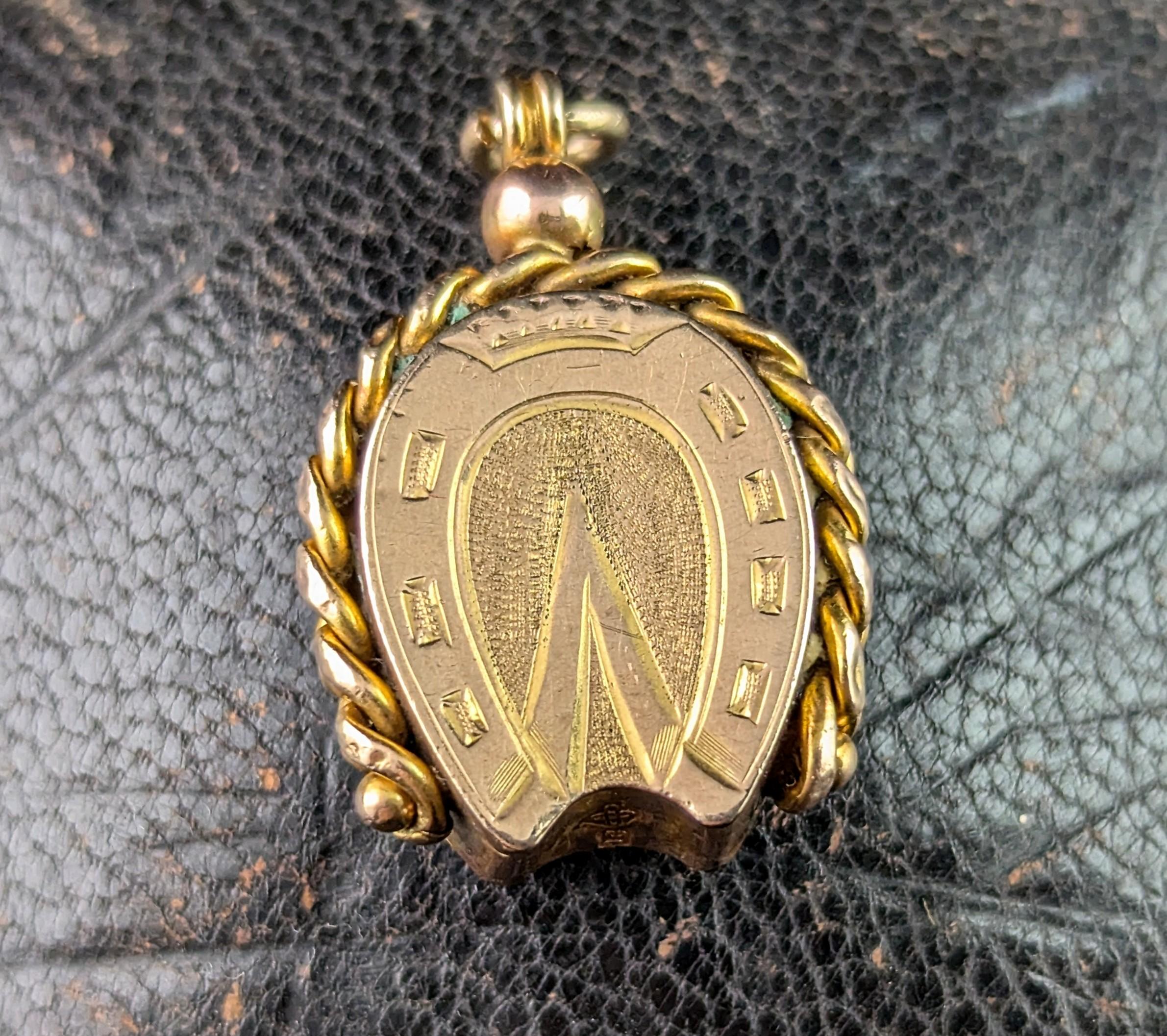 Antique 9k gold Lucky Horseshoe seal fob pendant, Bloodstone 3