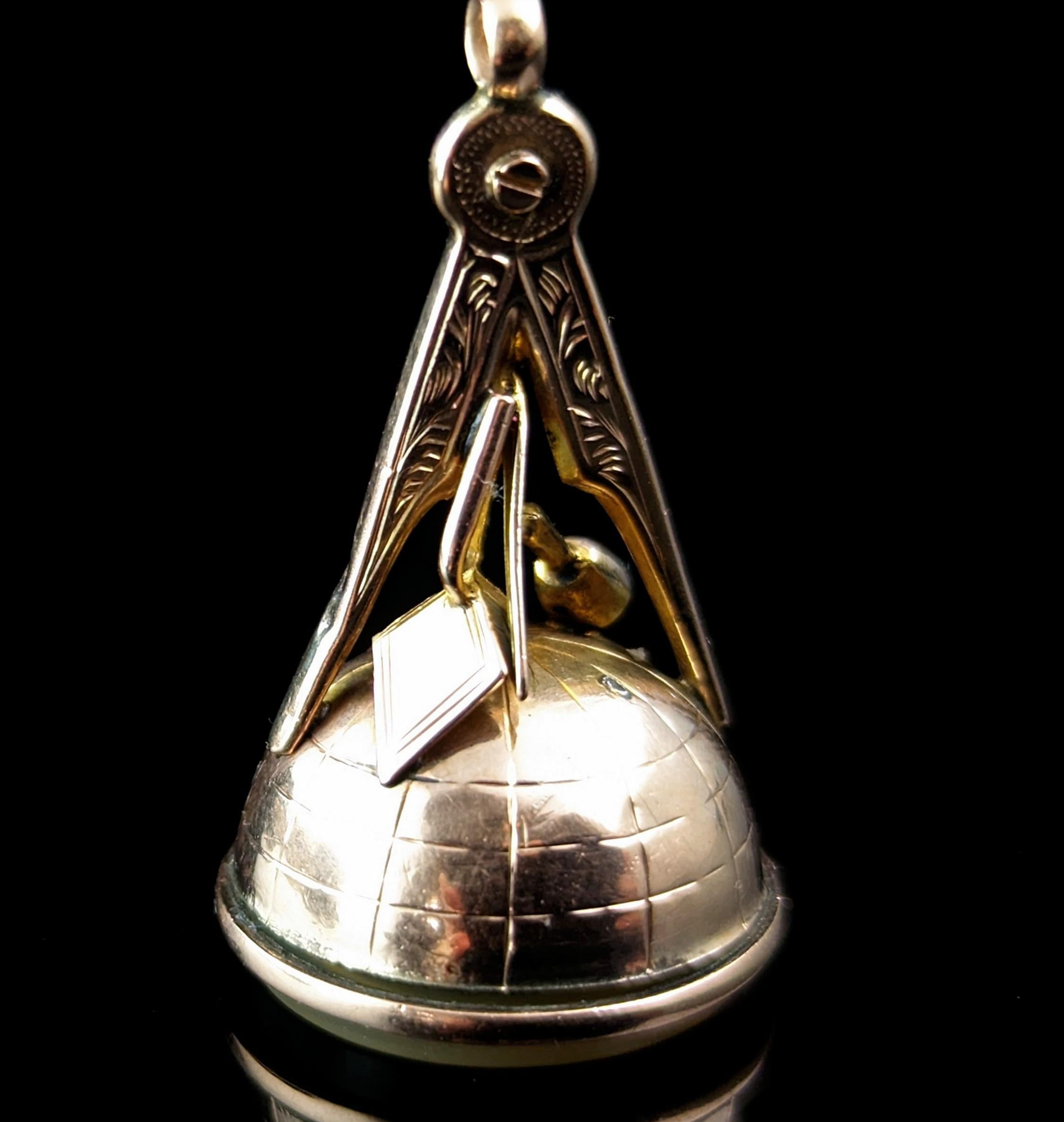 Antique 9k gold Masonic seal fob pendant, chalcedony  3