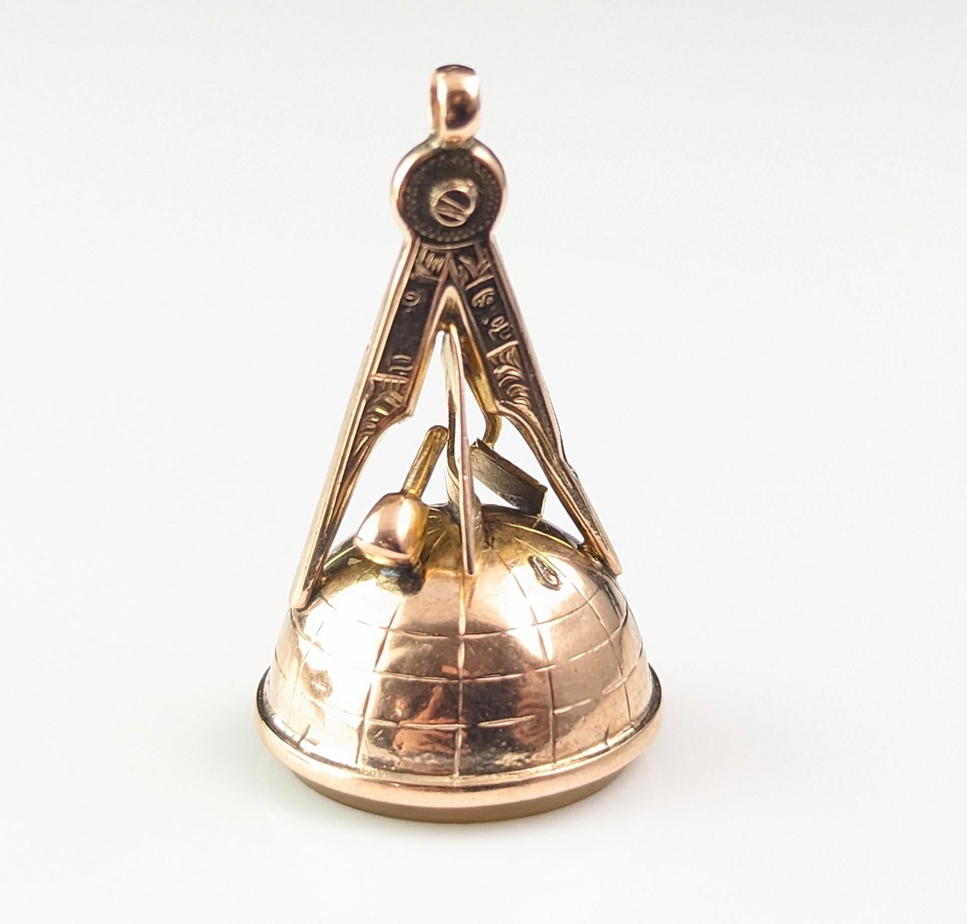 Antique 9k gold Masonic seal fob pendant, chalcedony  4