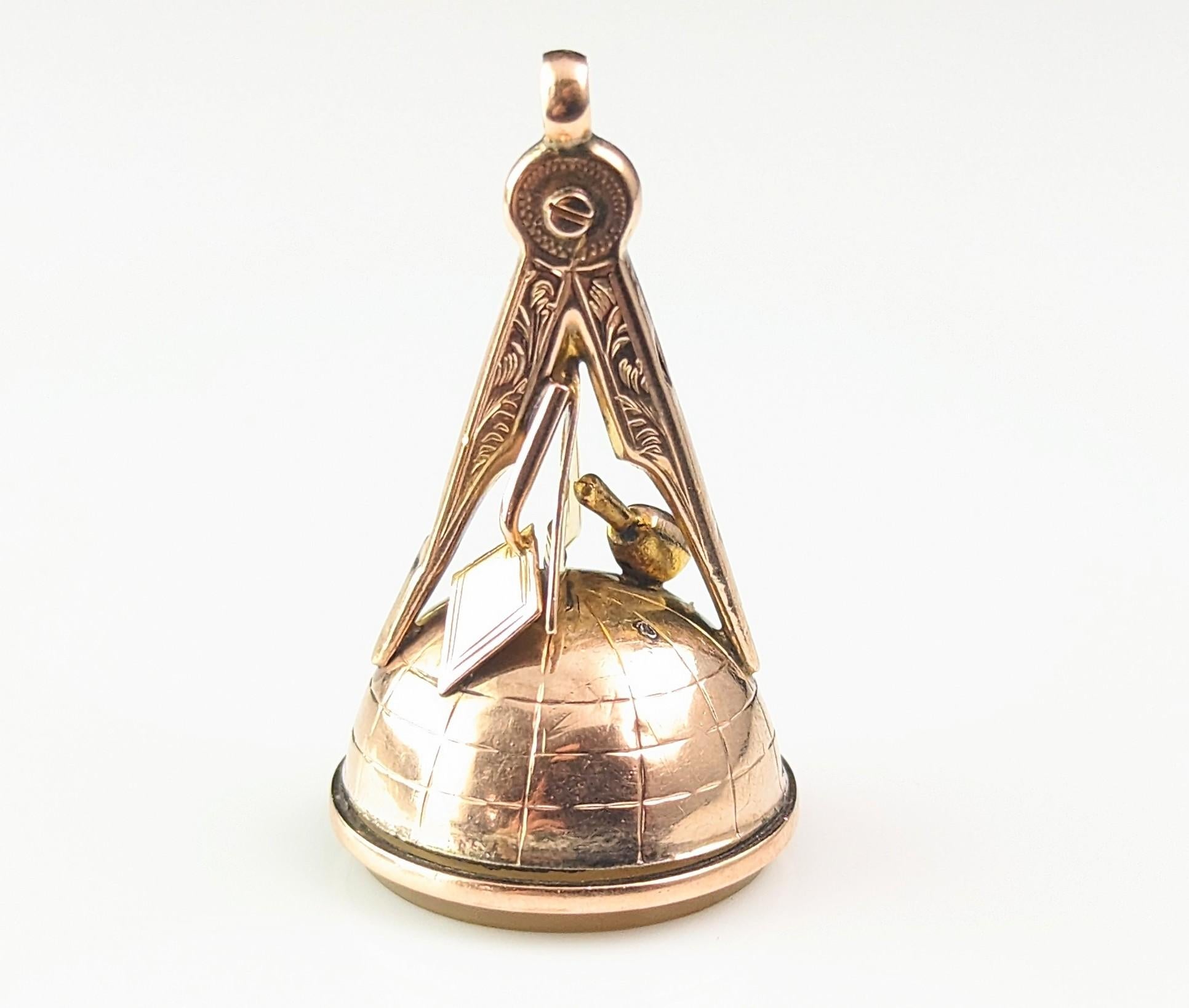 Antique 9k gold Masonic seal fob pendant, chalcedony  5